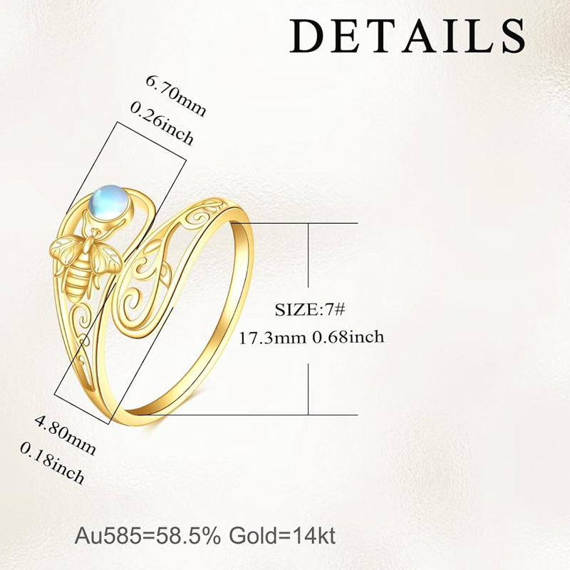 14K Gold Moonstone Bee Open Ring for Women