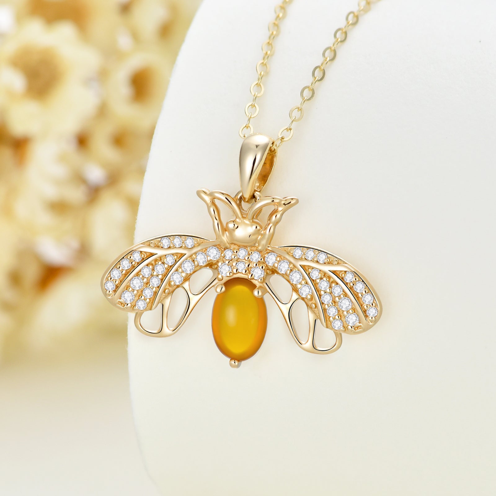 14K Gold Cubic Zirconia & Moonstone Bee Pendant Necklace