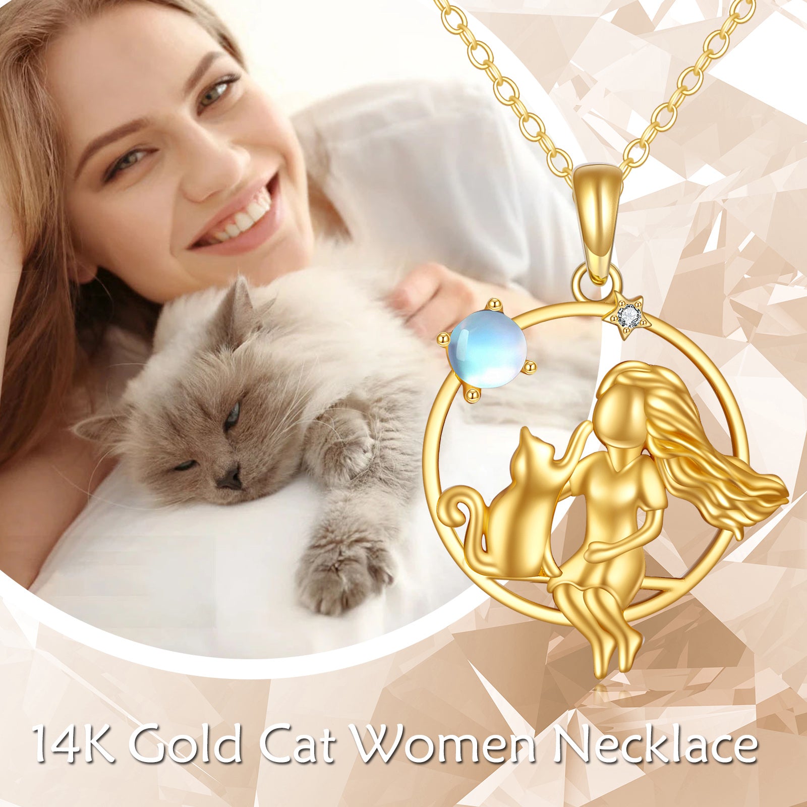 14K Gold Moonstone Cat&Girl Pendant Necklace