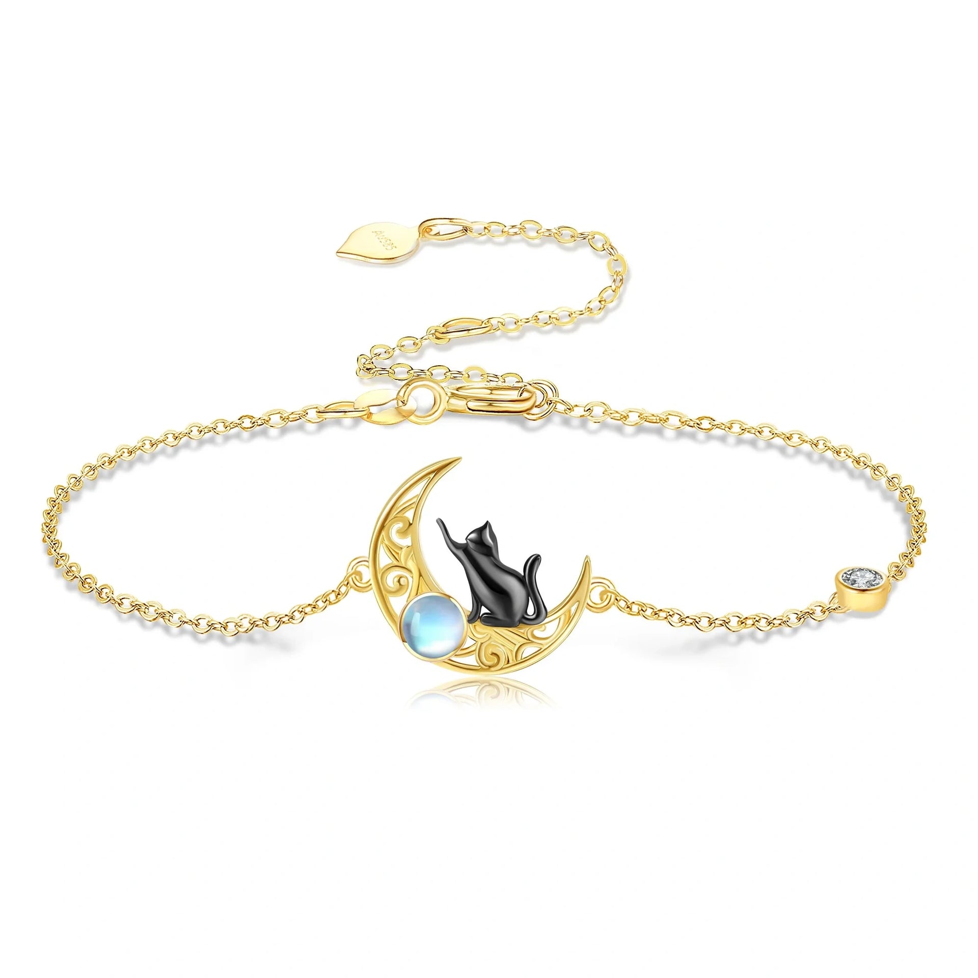 14K Gold Moonstone Cat & Moon Charm Bracelet