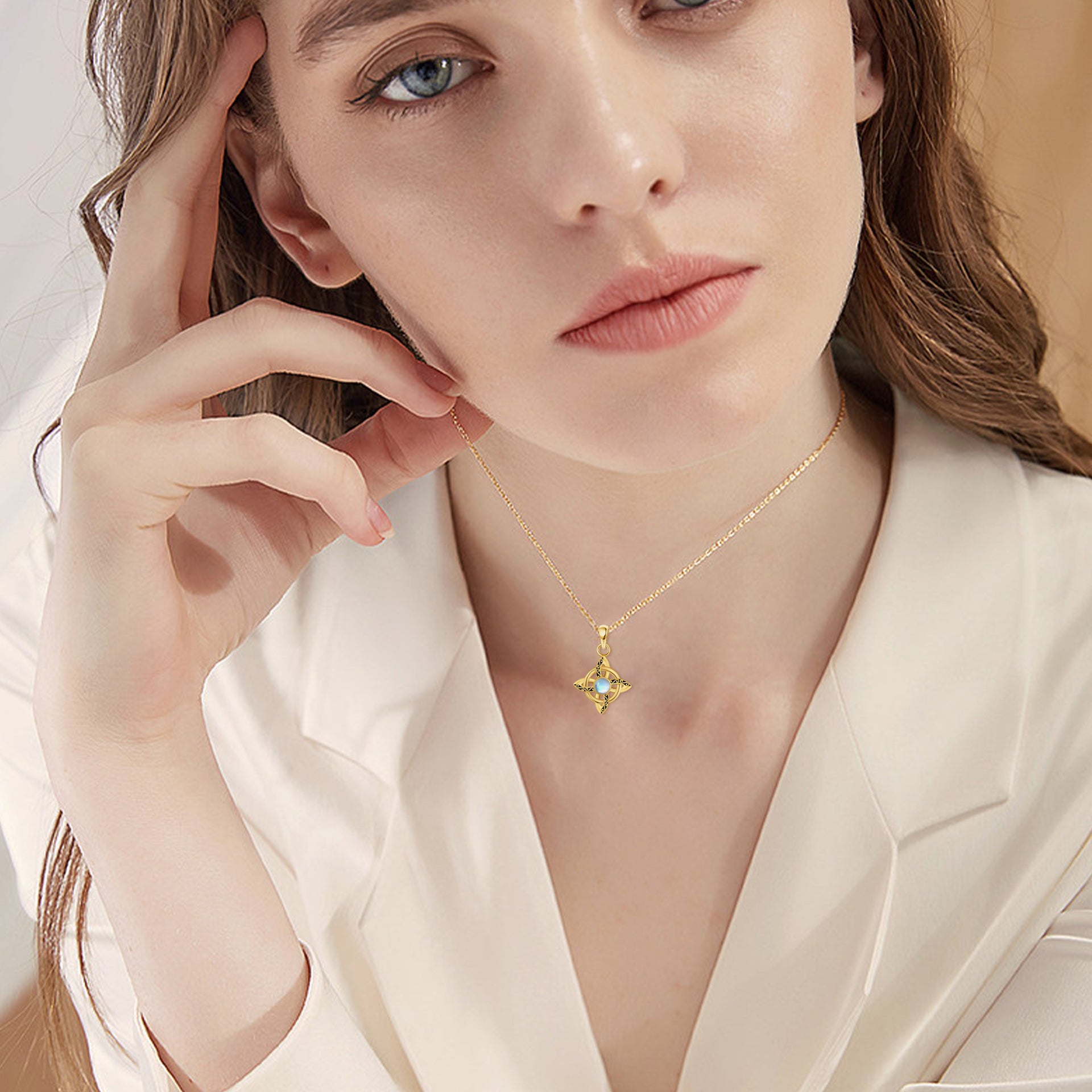 14K Gold Moonstone Celtic Knot Pendant Necklace