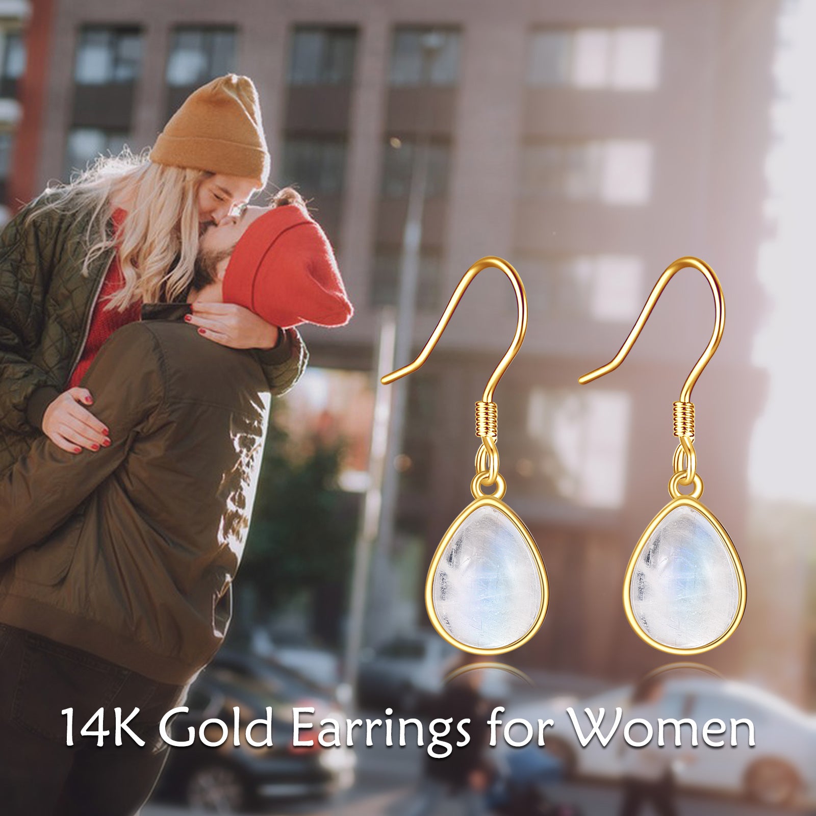 14K Gold Moonstone Drop Shape Drop Earrings
