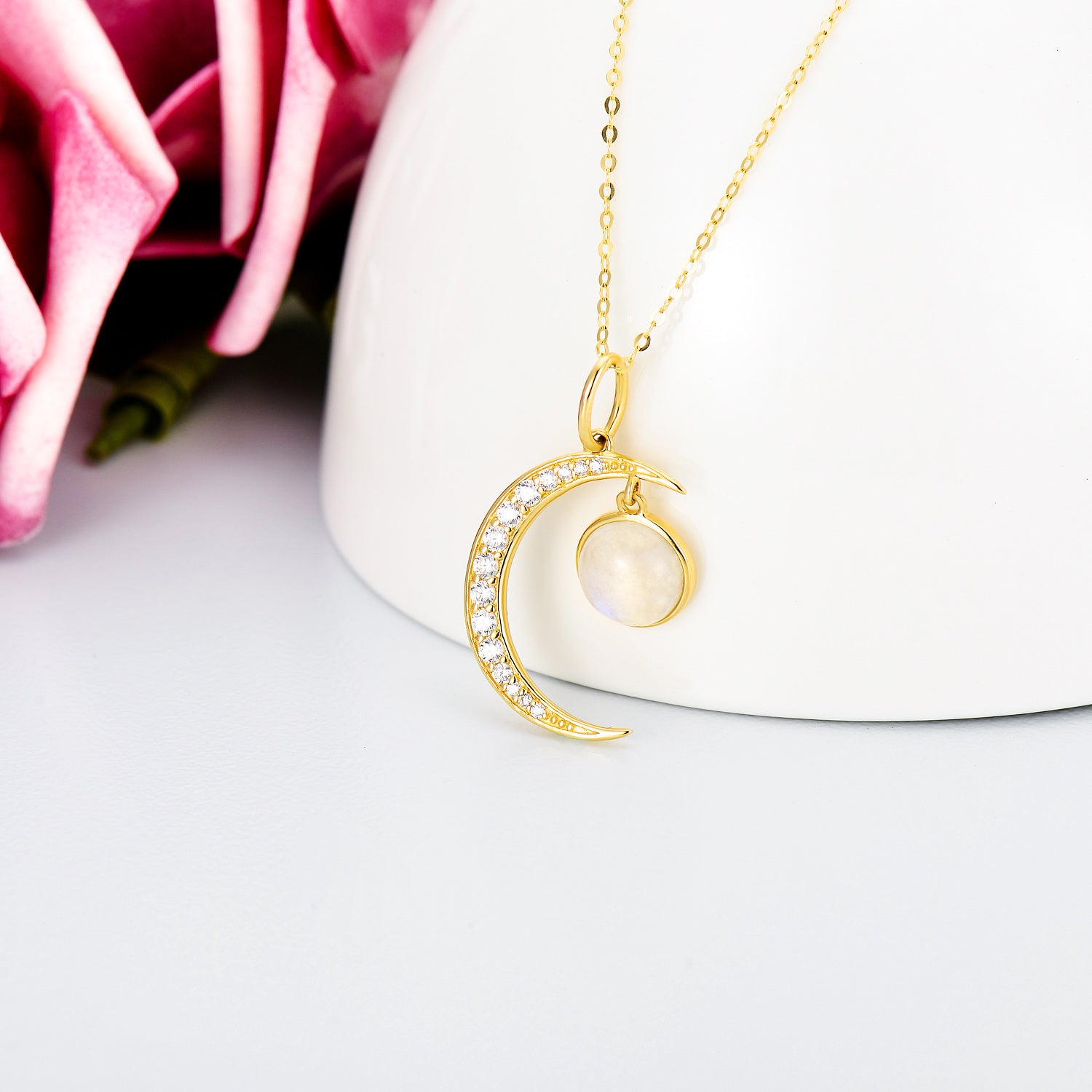 14K Gold Moonstone Moon Pendant Necklace