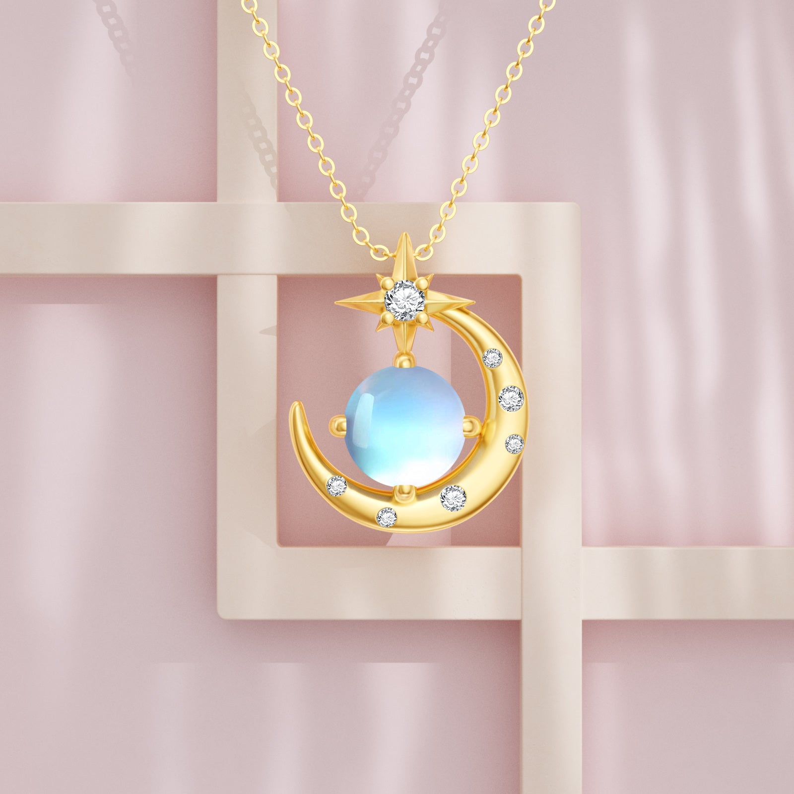 14K Gold Cubic Zirconia Moonstone Moon And Star Pendant Necklace For Women