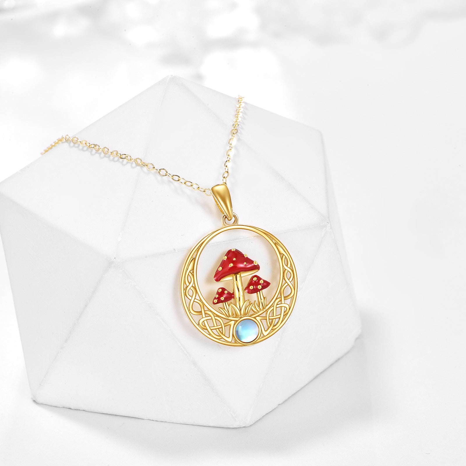 14K Gold Moonstone Mushroom & Celtic Knot Pendant Necklace