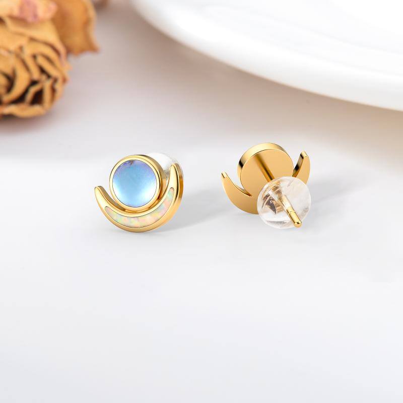 14K Gold Moonstone & Opal Moon Stud Earrings