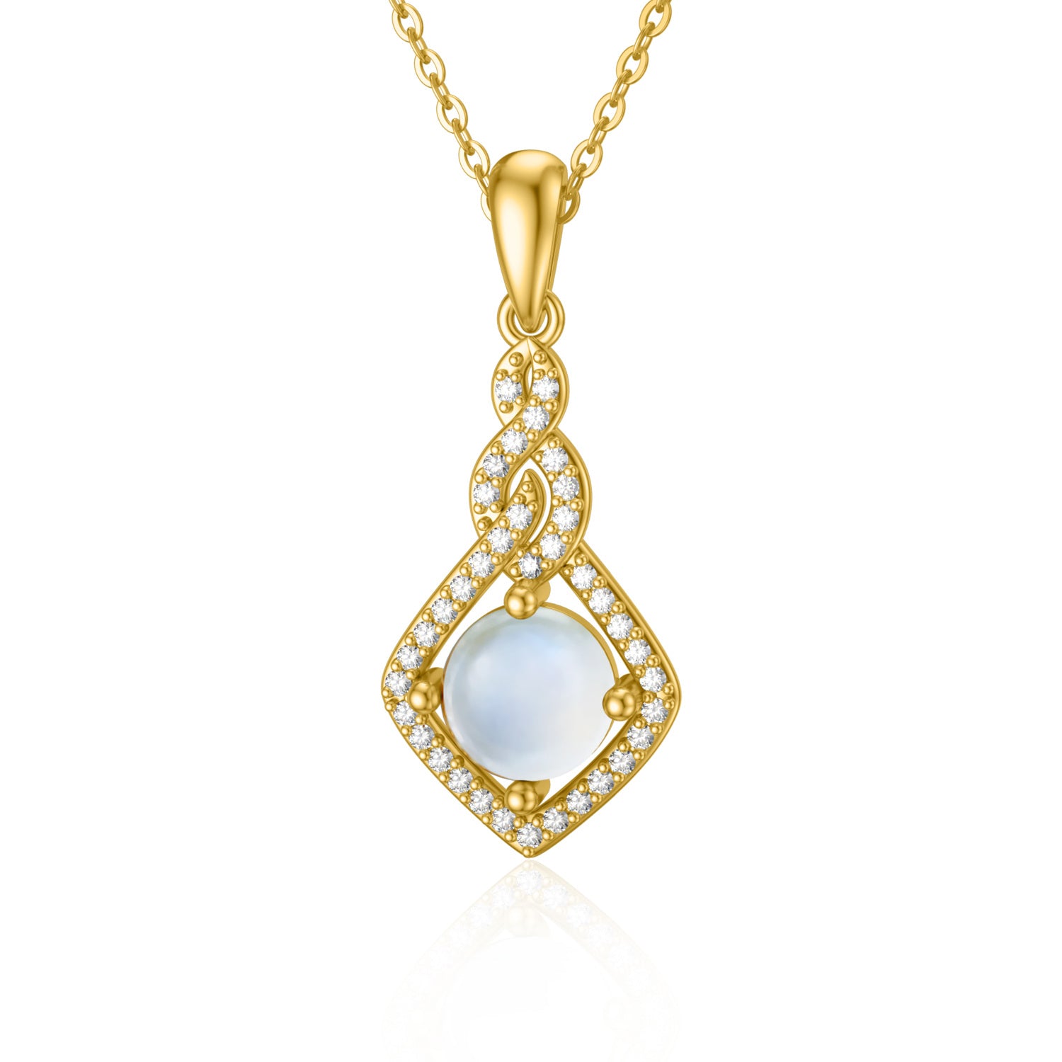 14K Gold Moonstone & Cubic Zirconia Square Pendant Necklace