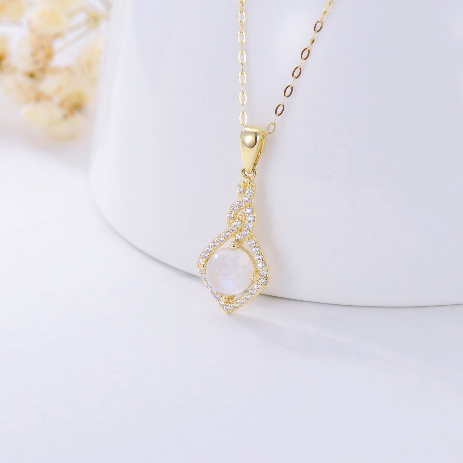 14K Gold Moonstone & Cubic Zirconia Square Pendant Necklace