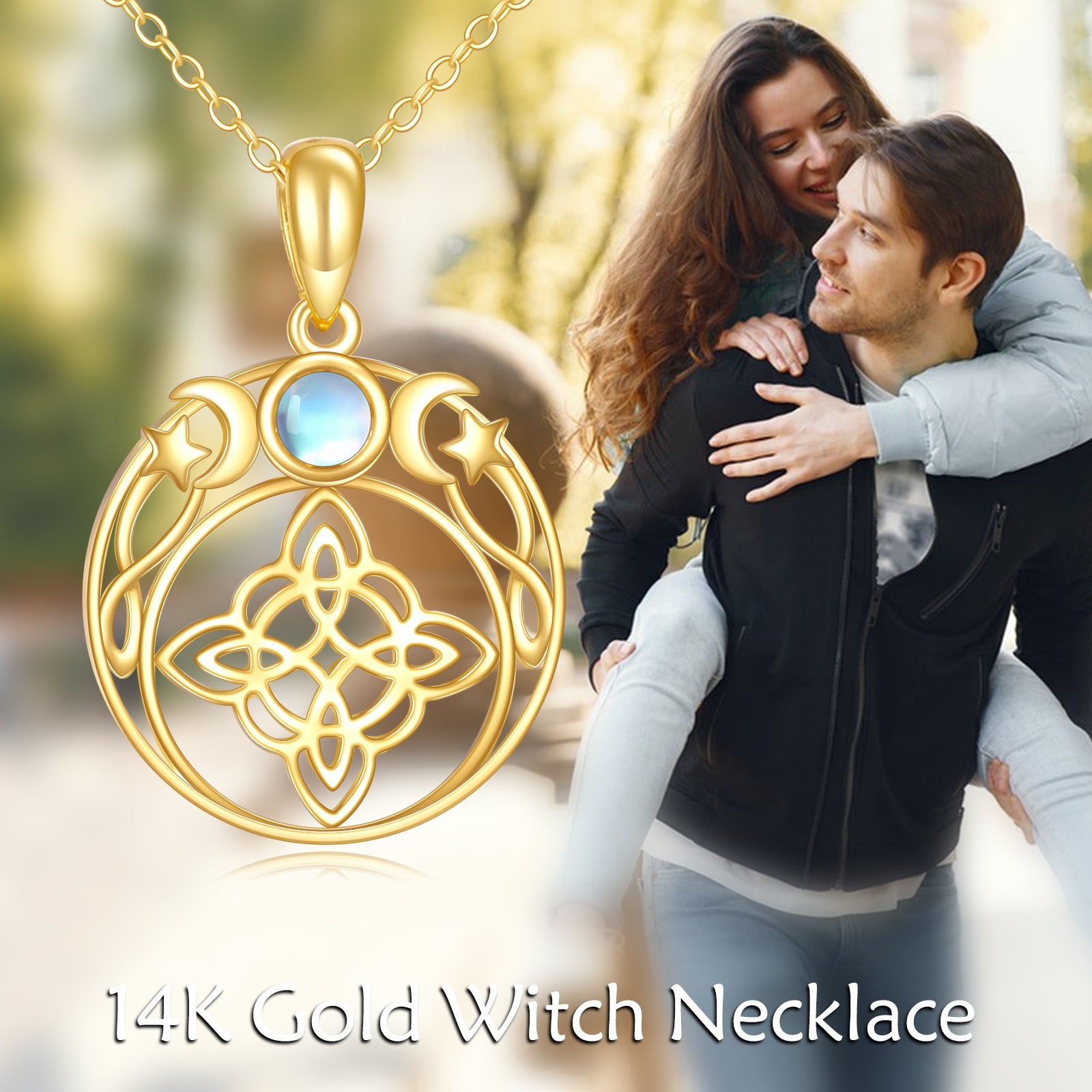14K Gold Moonstone Witch Pendant Necklace