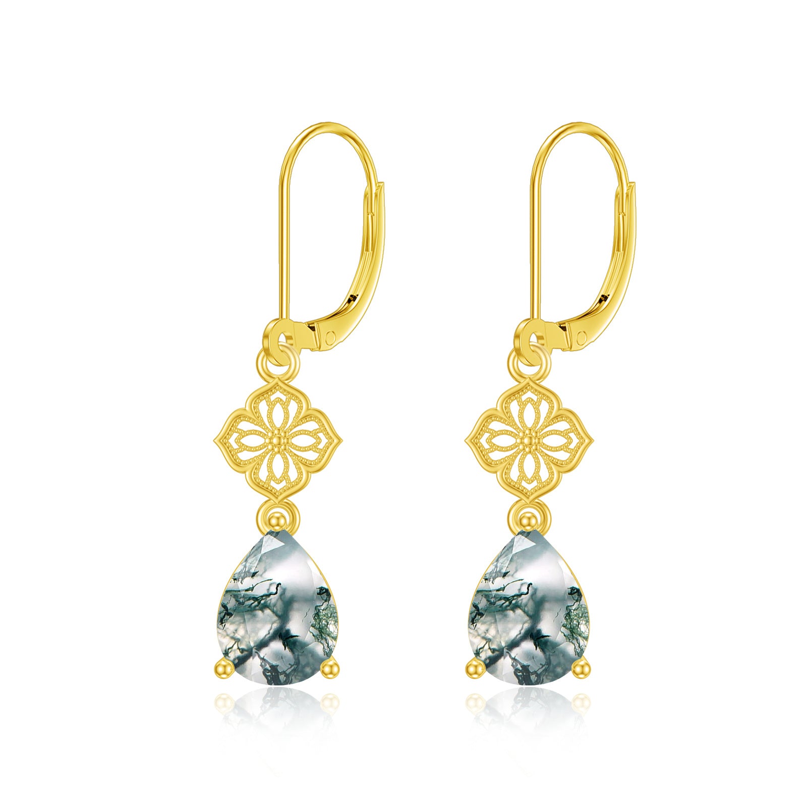 14K Gold Moss Agate Drop Shape Lever-back Earrings