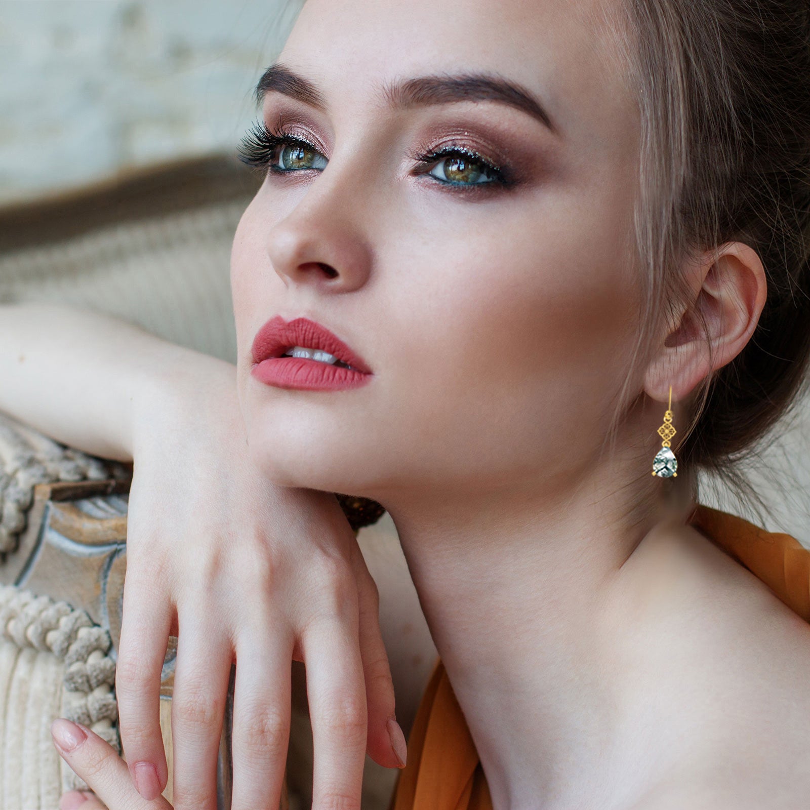 14K Gold Moss Agate Drop Shape Lever-back Earrings