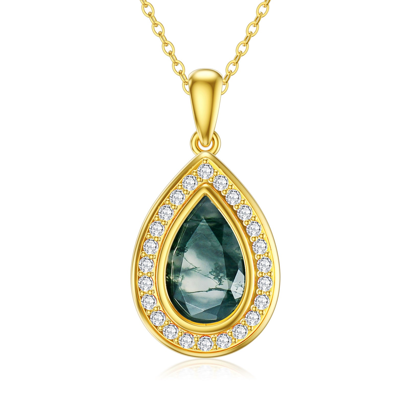 14K Gold Moss Agate Drop Shape Pendant Necklace