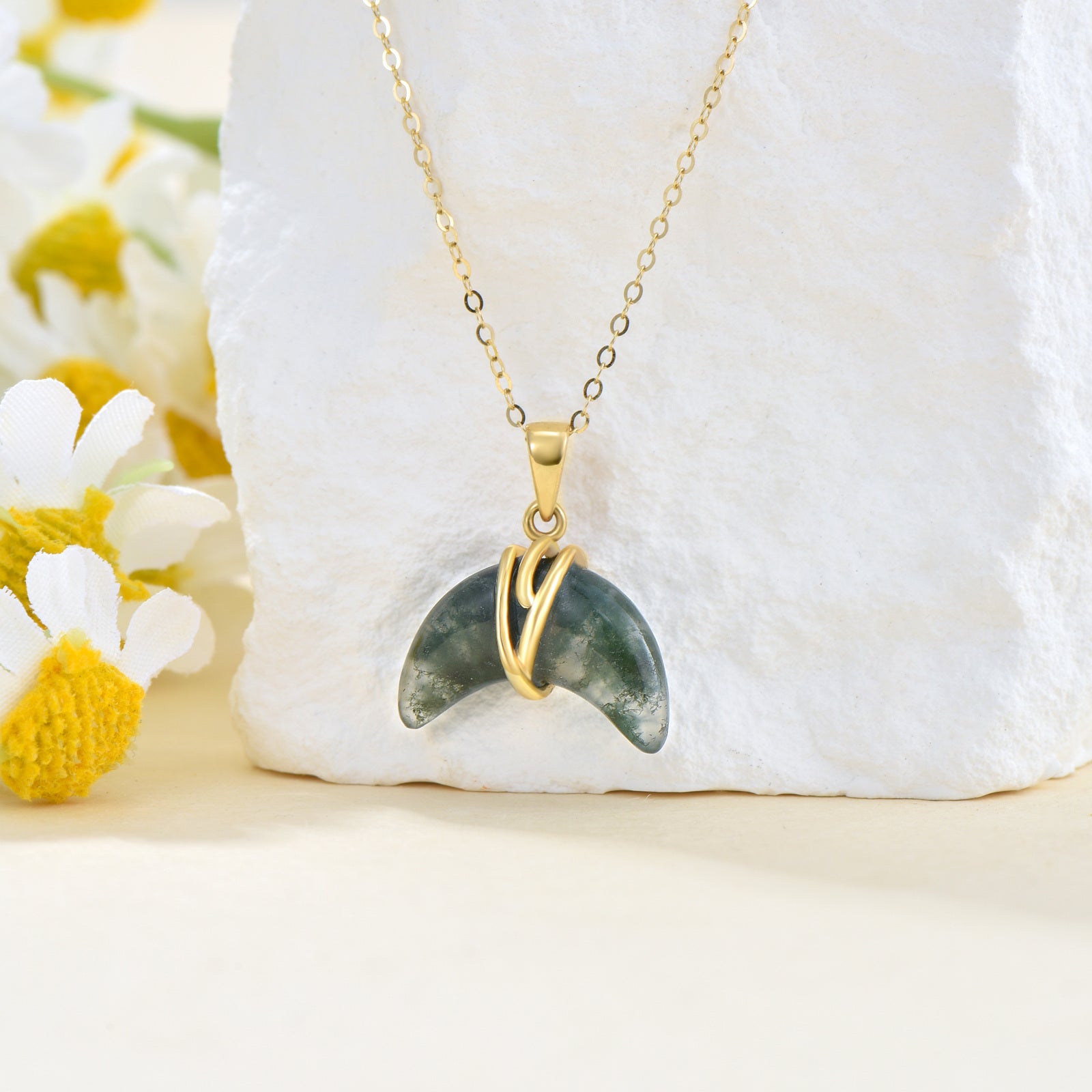 14K Gold Moss Agate Pendant Necklace