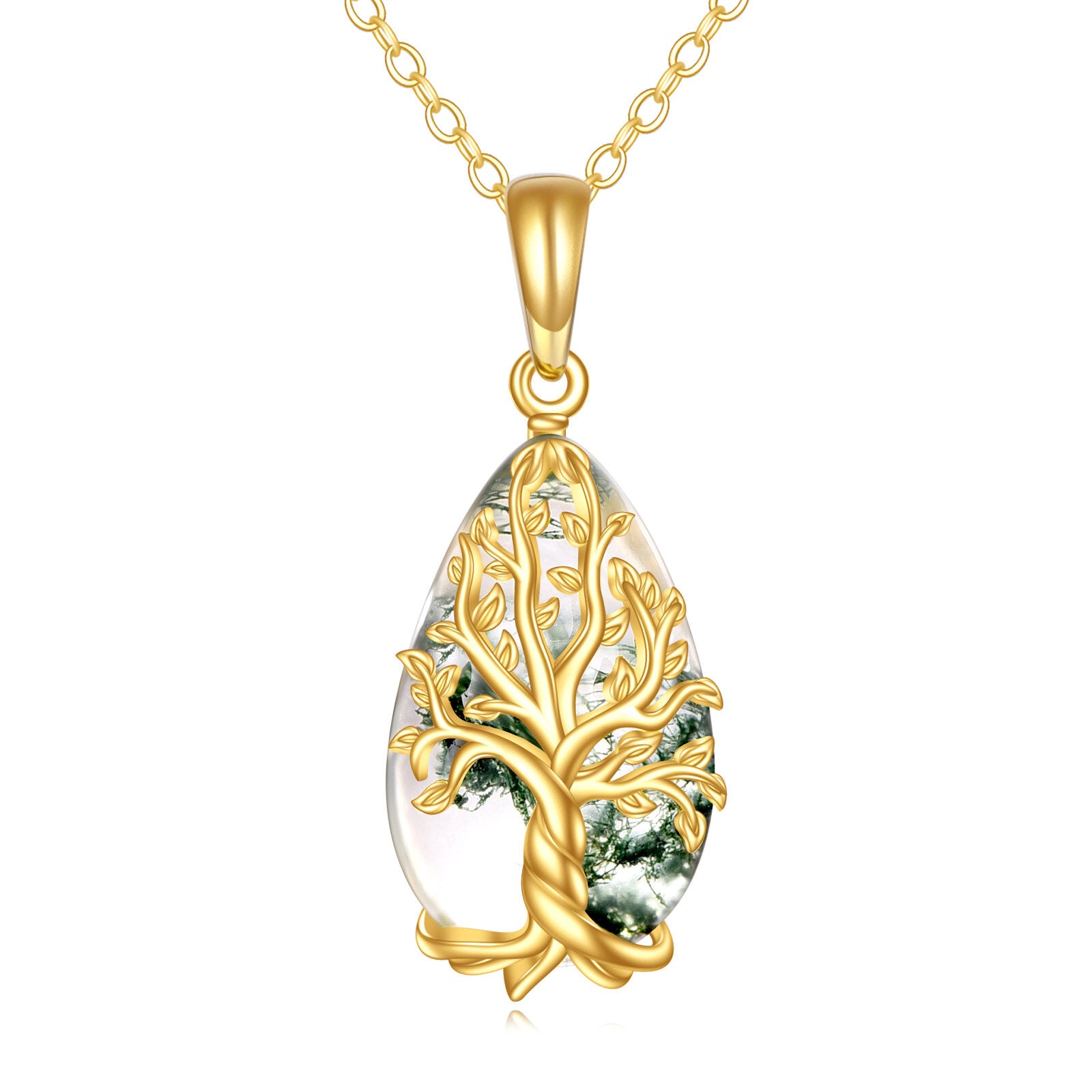 14K Gold Moss Agate Tree Of Life Pendant Necklace