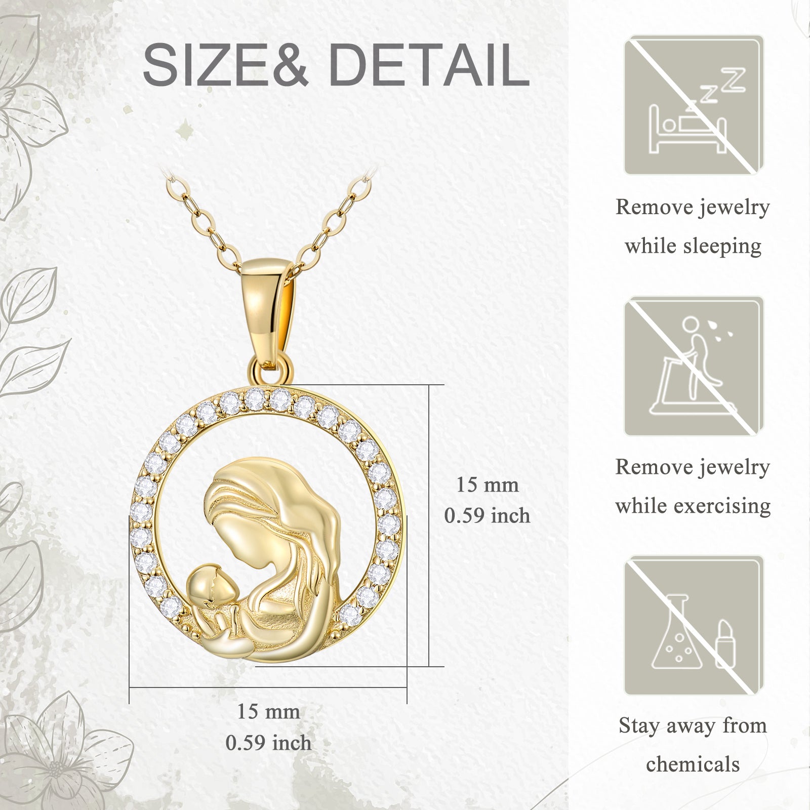 14K Gold Cubic Zirconia Mother & Circle Pendant Necklace