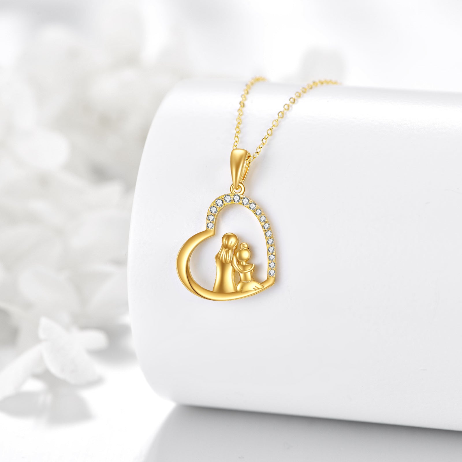 14K Gold Cubic Zirconia Mother & Daughter & Heart Pendant Necklace