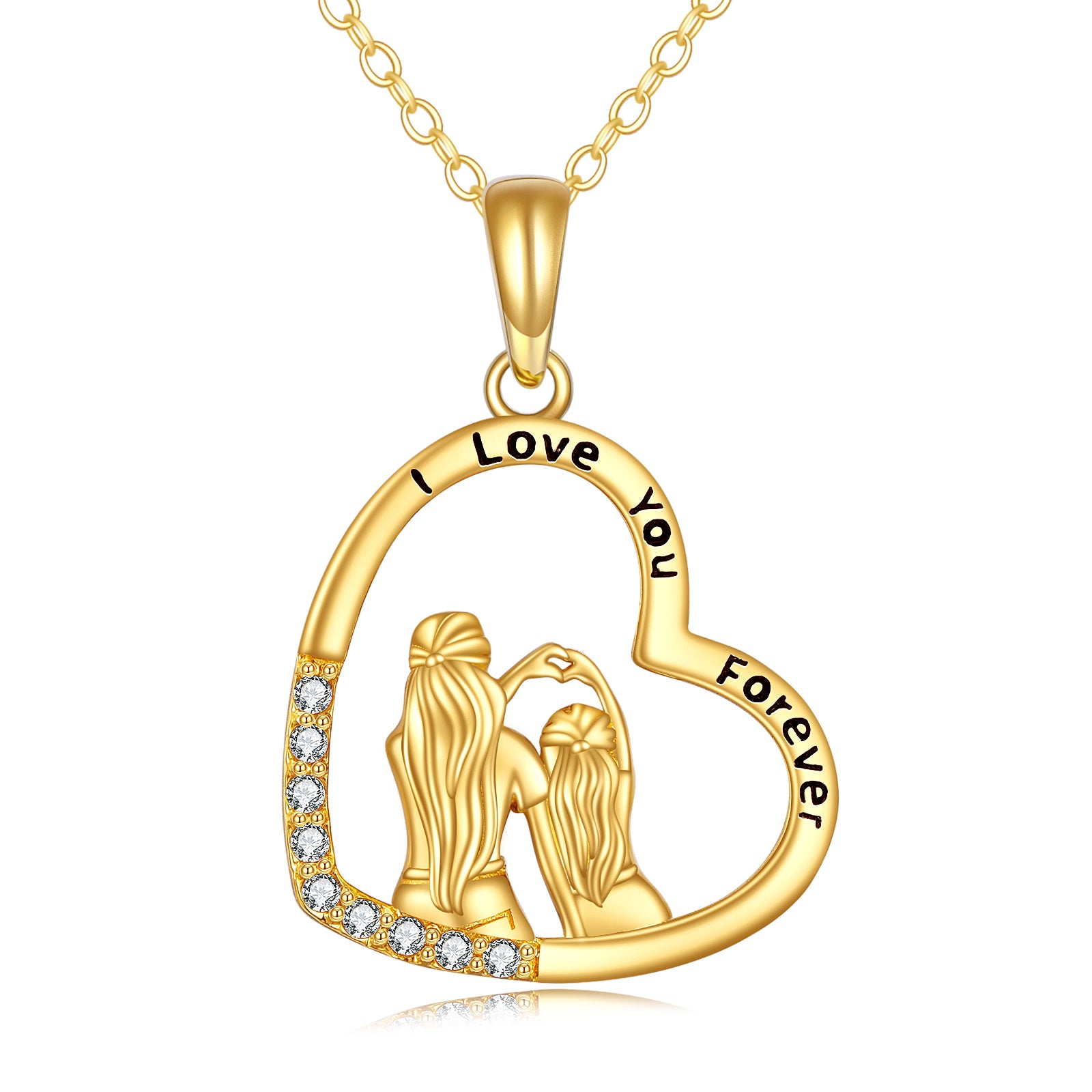14K Gold Cubic Zirconia Mother & Daughter Heart Pendant Necklace with Engraved Word