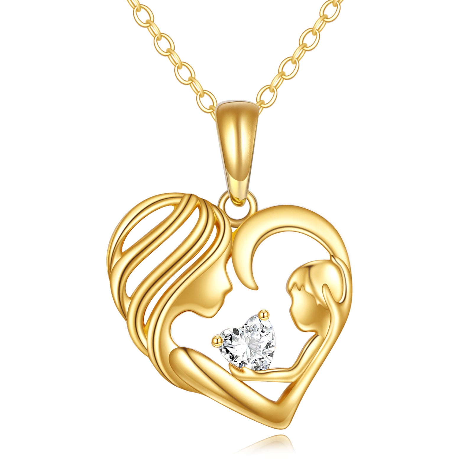 14K Gold Cubic Zirconia Mother & Daughter Heart Pendant Necklace