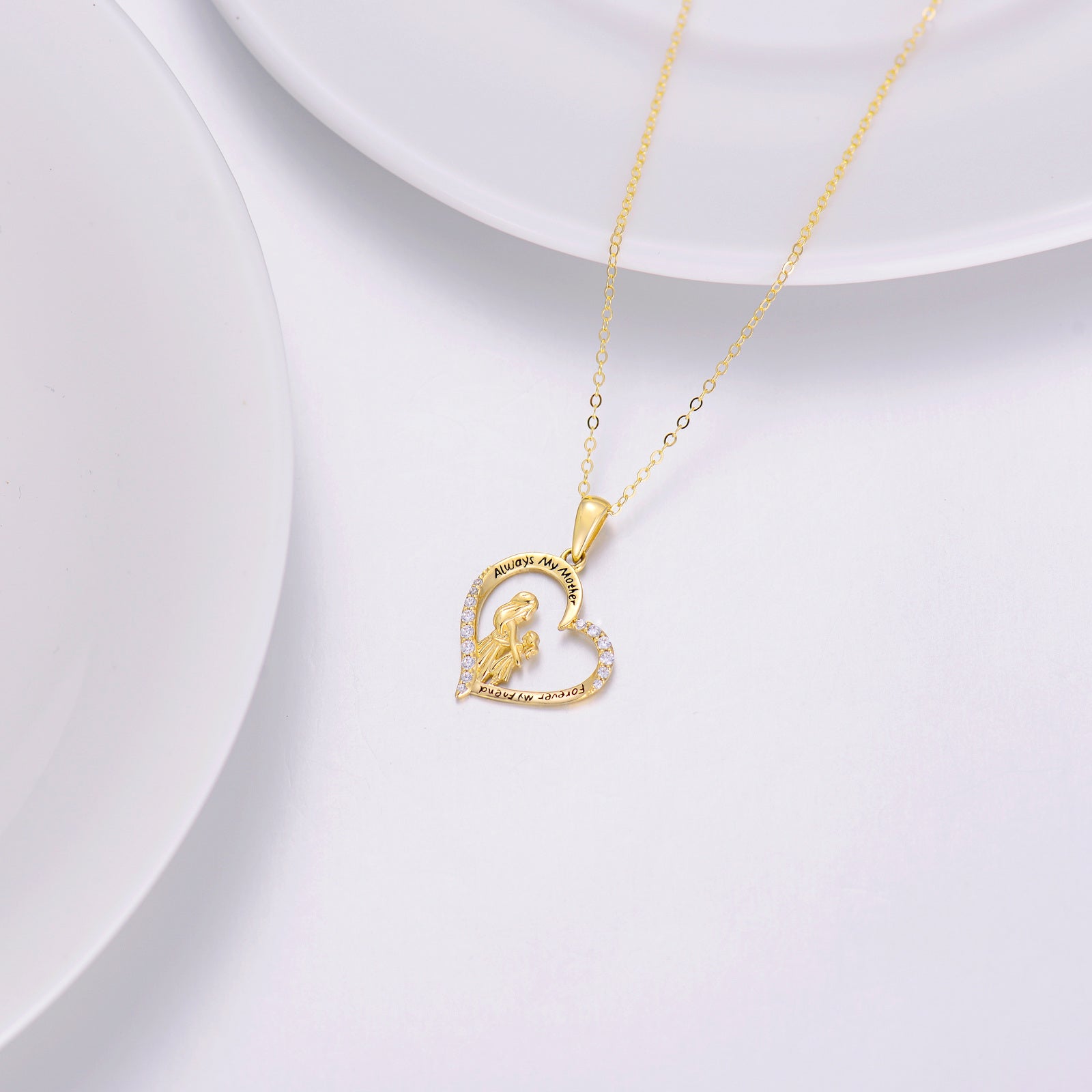 14K Gold Cubic Zirconia Mother & Daughter Heart Pendant Necklace with Engraved Word