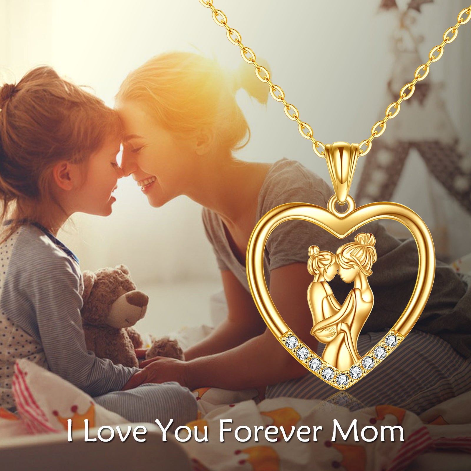 14K Gold Cubic Zirconia Mother With Daughter With Heart Pendant Necklace For Women Best Friend
