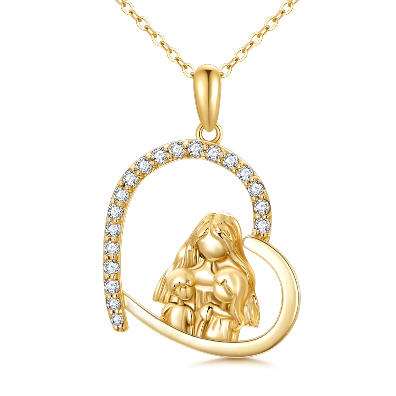 14K Gold Cubic Zirconia Mother & Daughter Heart Pendant Necklace For Mom