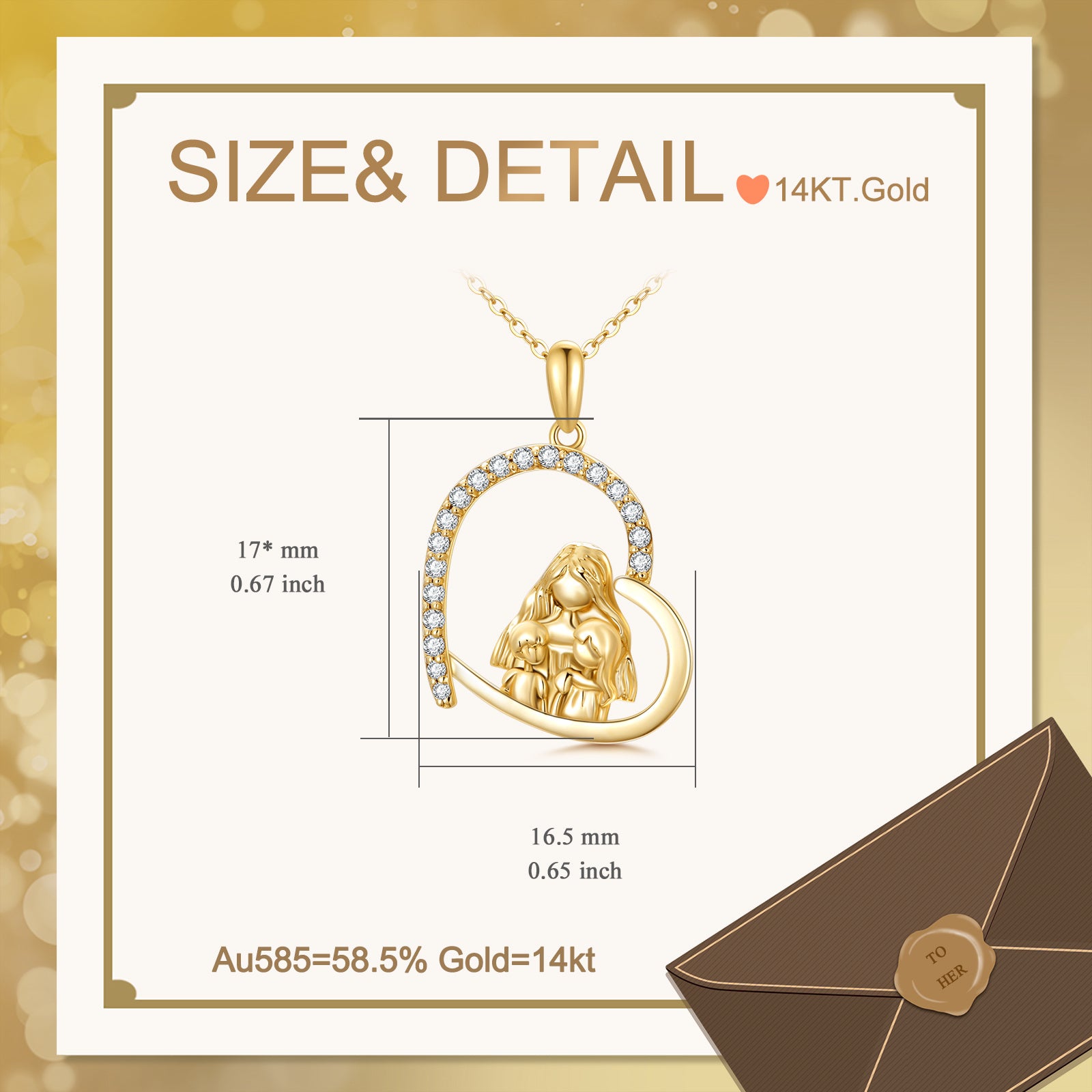 14K Gold Cubic Zirconia Mother & Daughter Heart Pendant Necklace For Mom