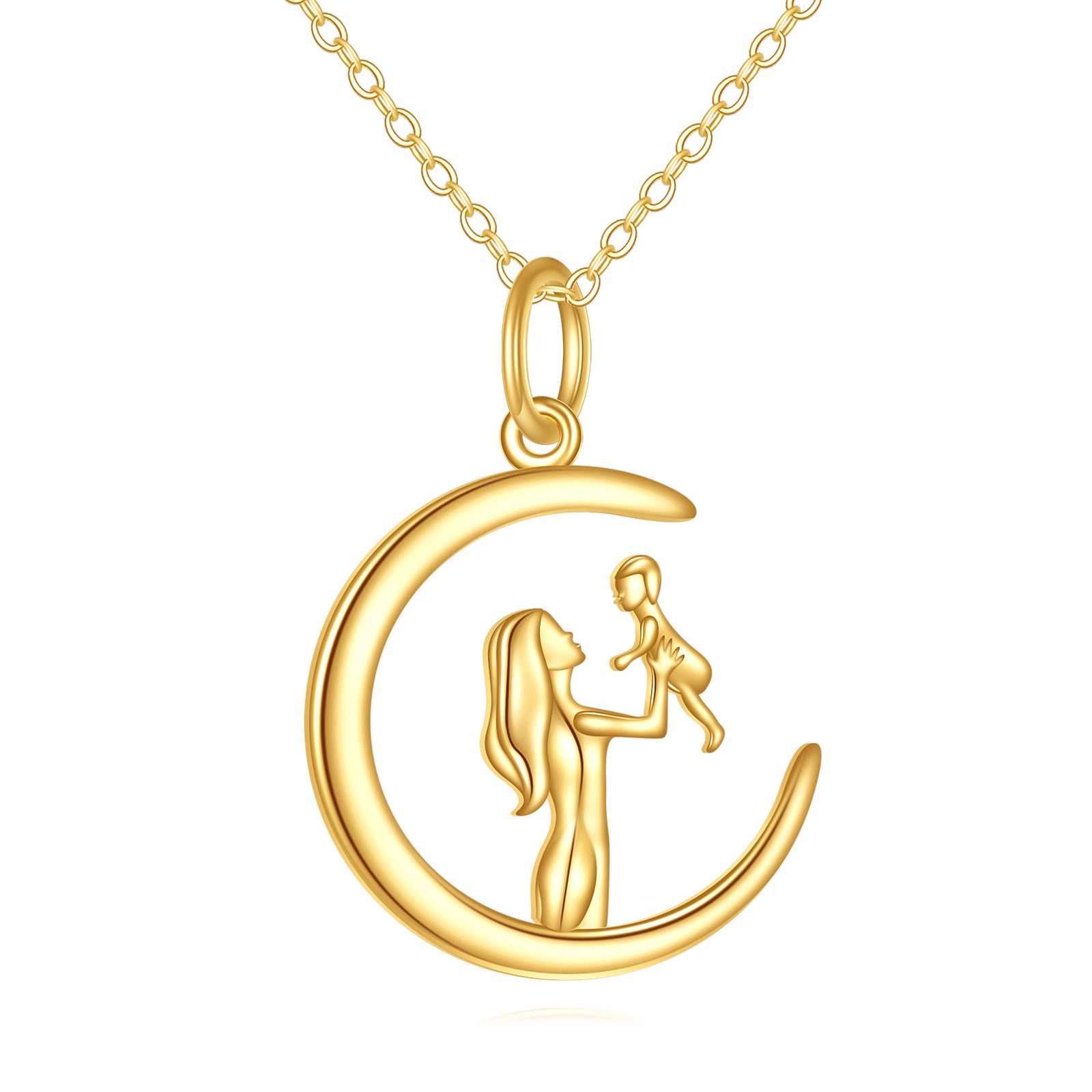 14K Gold Mother & Daughter & Moon Pendant Necklace