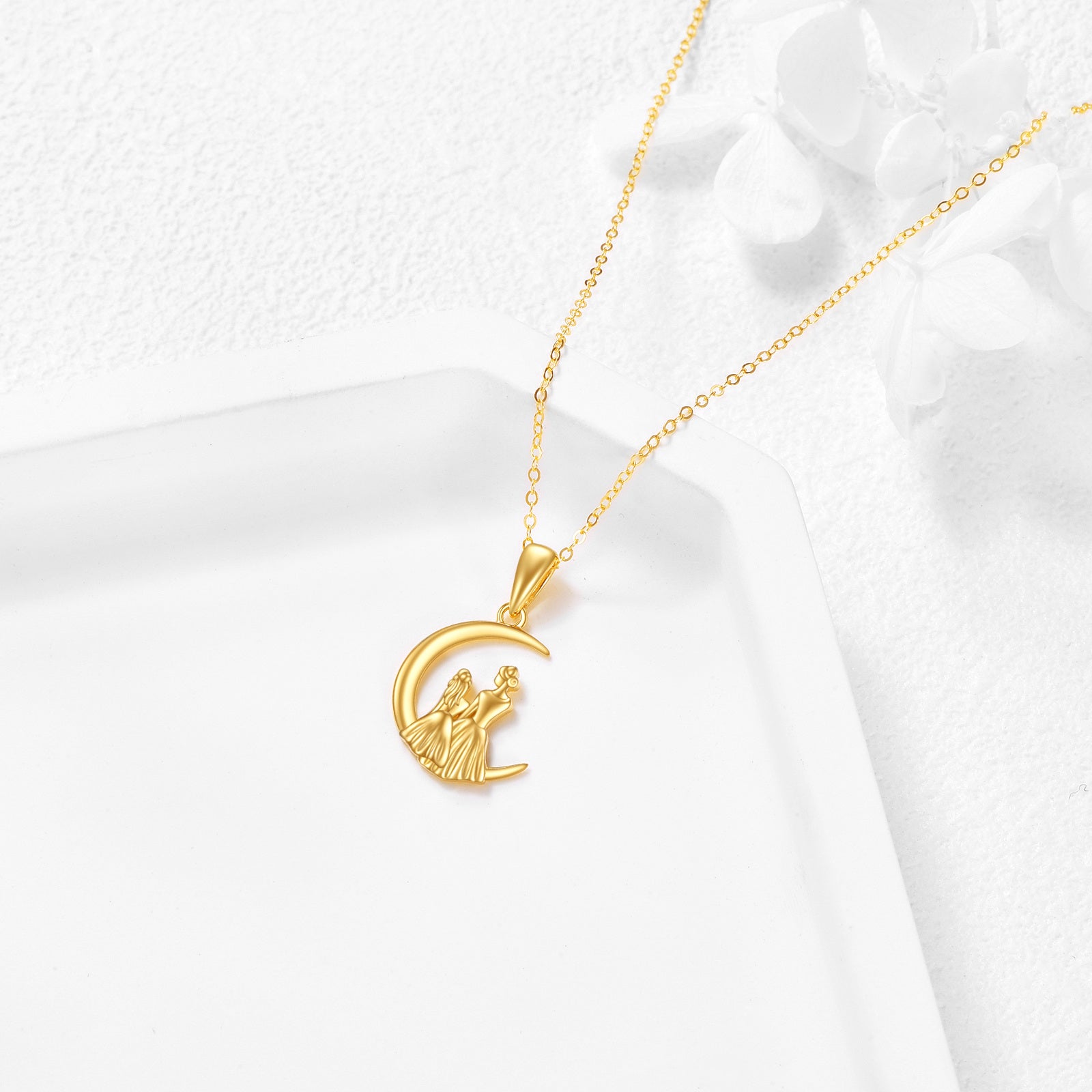 14K Gold Mother & Daughter Moon Pendant Necklace