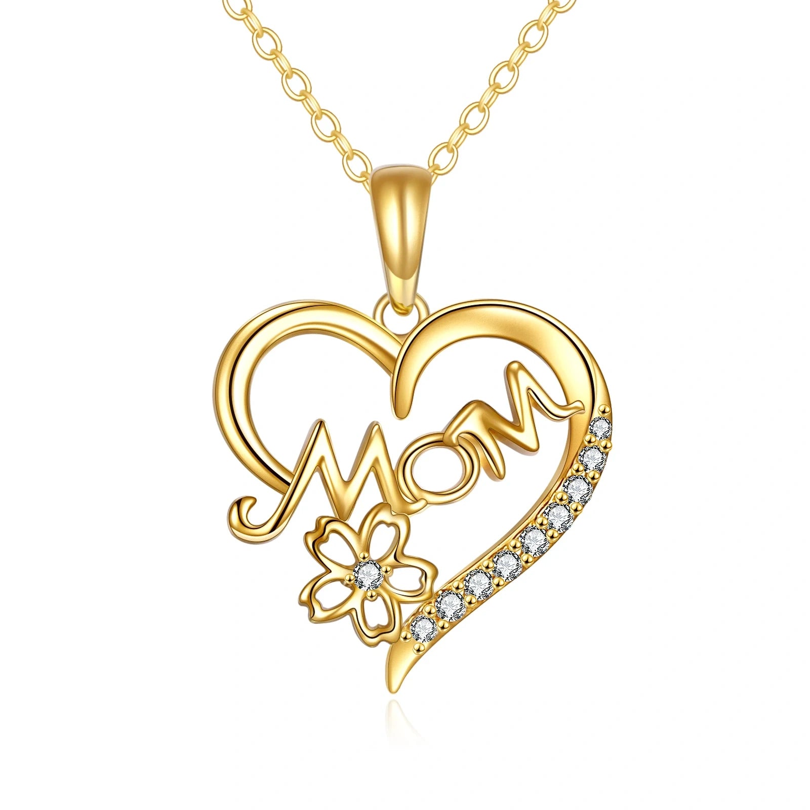 14K Gold Cubic Zirconia Mother & Heart Pendant Necklace