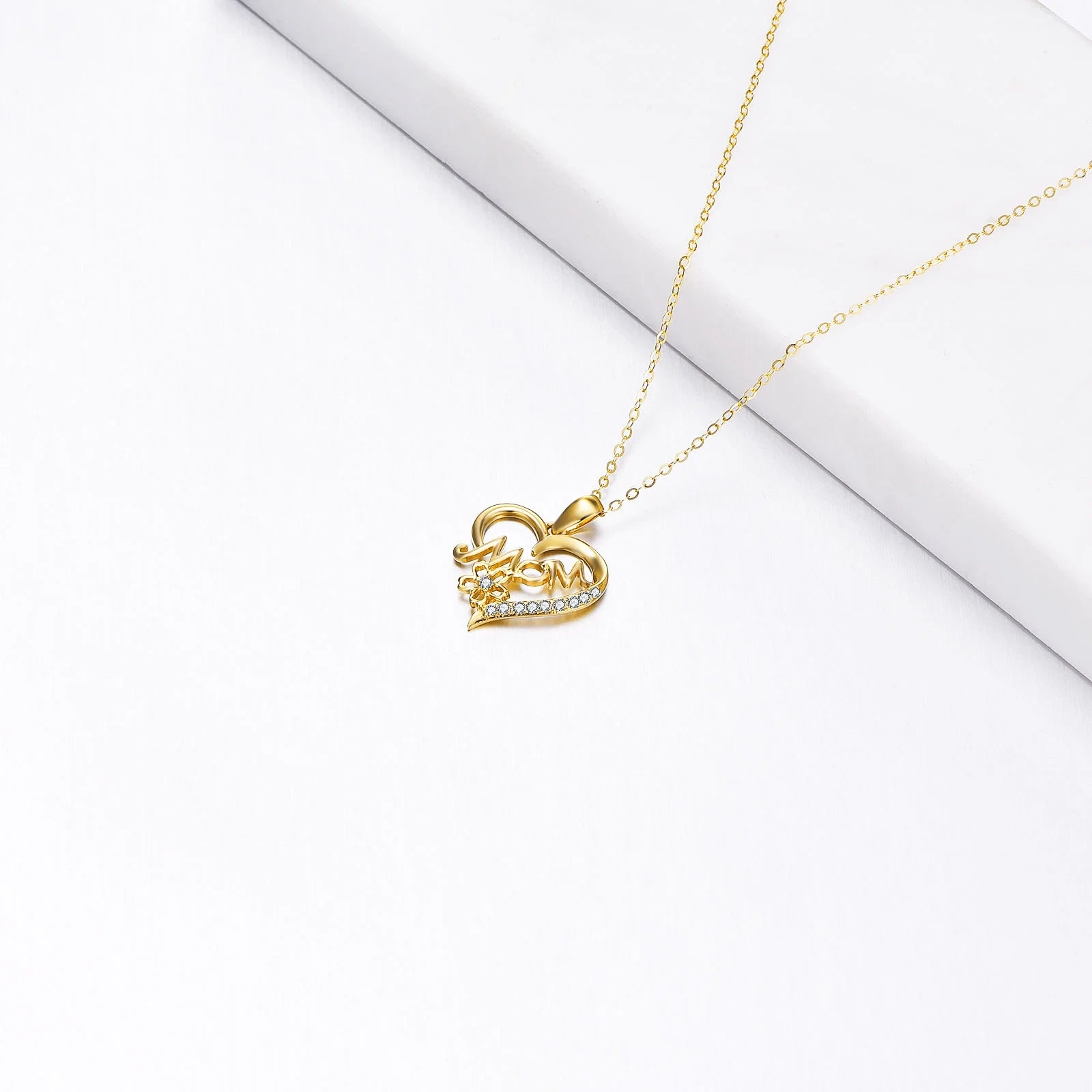 14K Gold Cubic Zirconia Mother & Heart Pendant Necklace