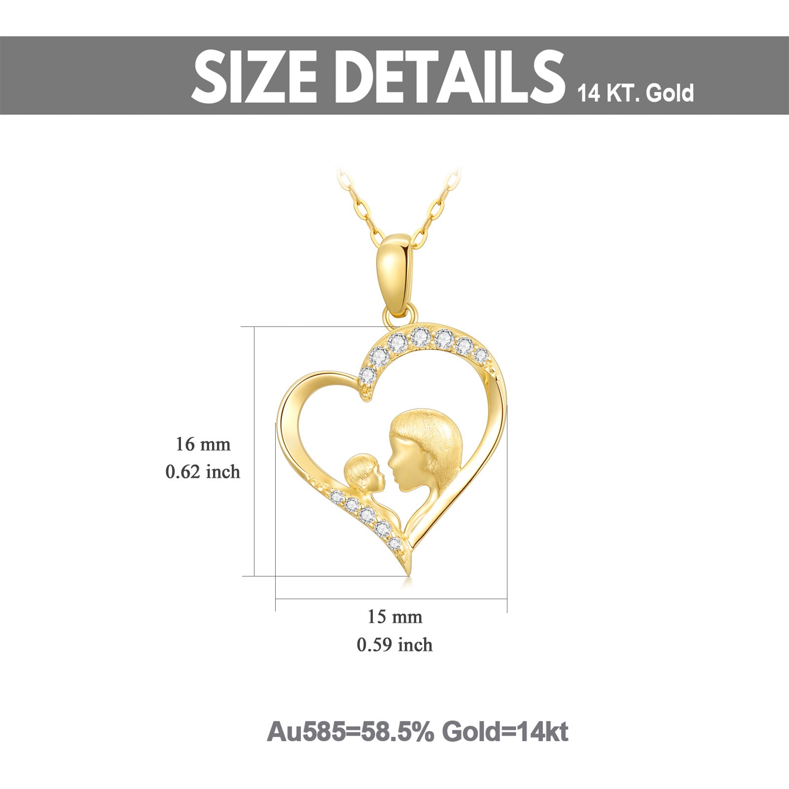 14K Gold Cubic Zirconia Mother & Heart Pendant Necklace
