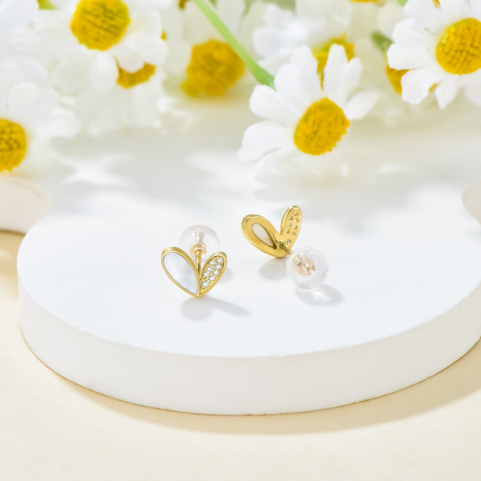 14K Gold Mother Of Pearl With Circula Cubic Zirconia Heart Stud Earrings