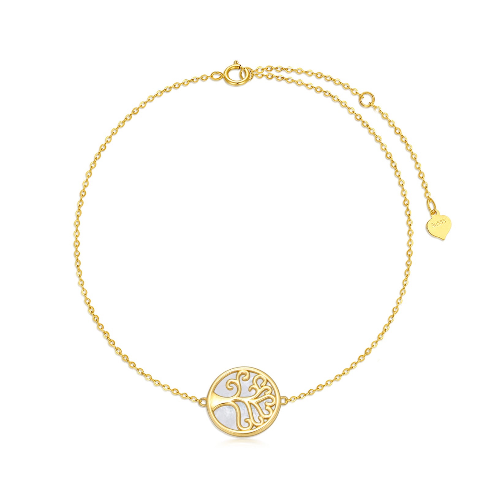 14K Gold Mother Of Pearl Tree Of Life Charm Bracelet
