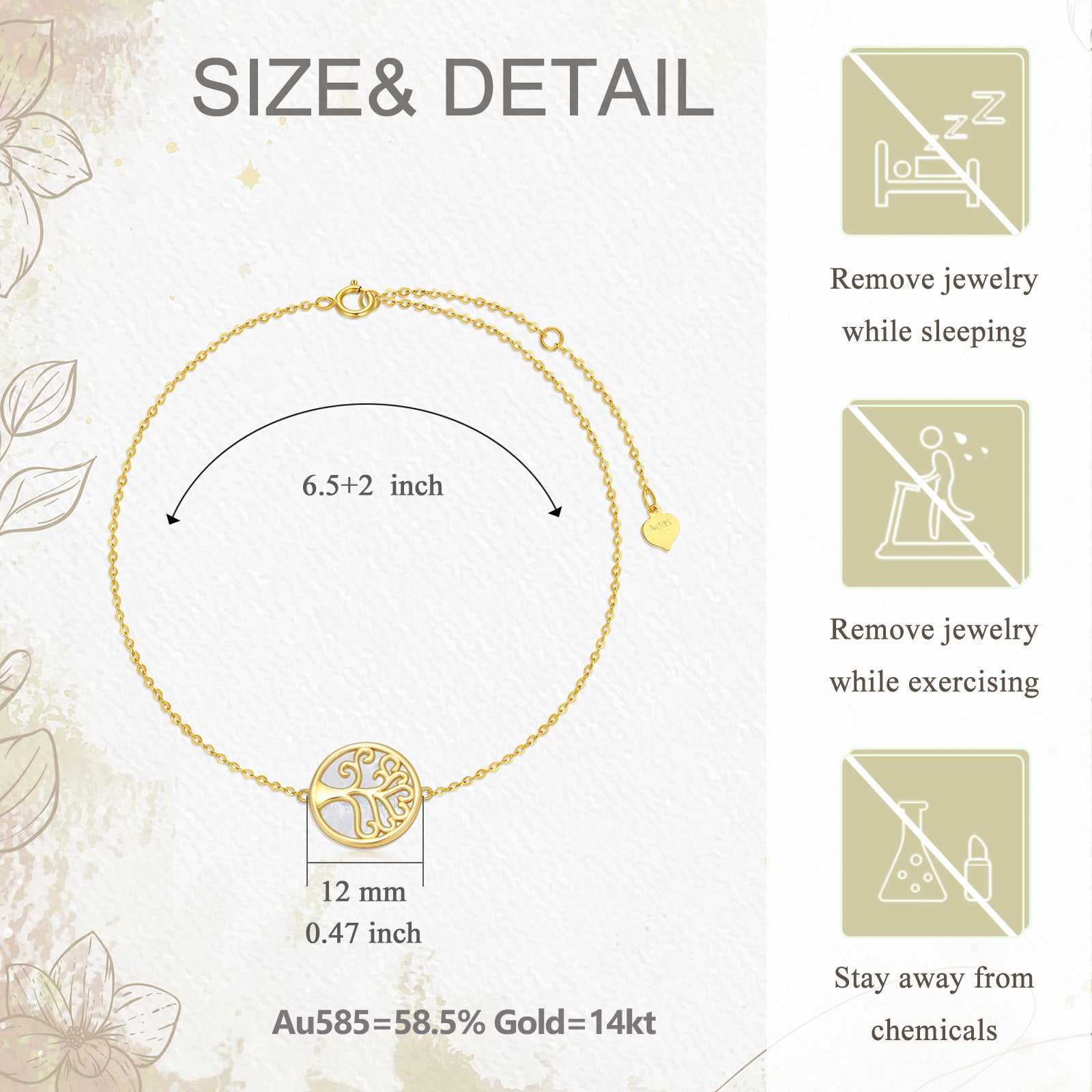 14K Gold Mother Of Pearl Tree Of Life Charm Bracelet