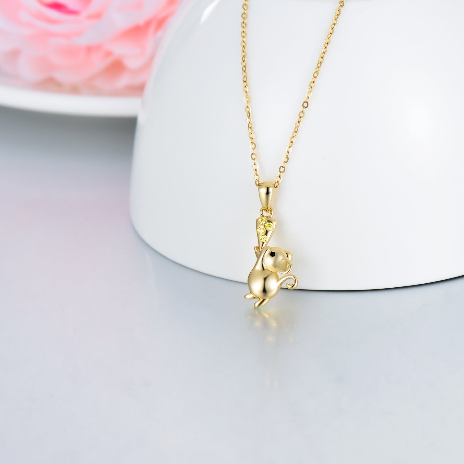 14K Gold Cubic Zirconia Mouse Pendant Necklace