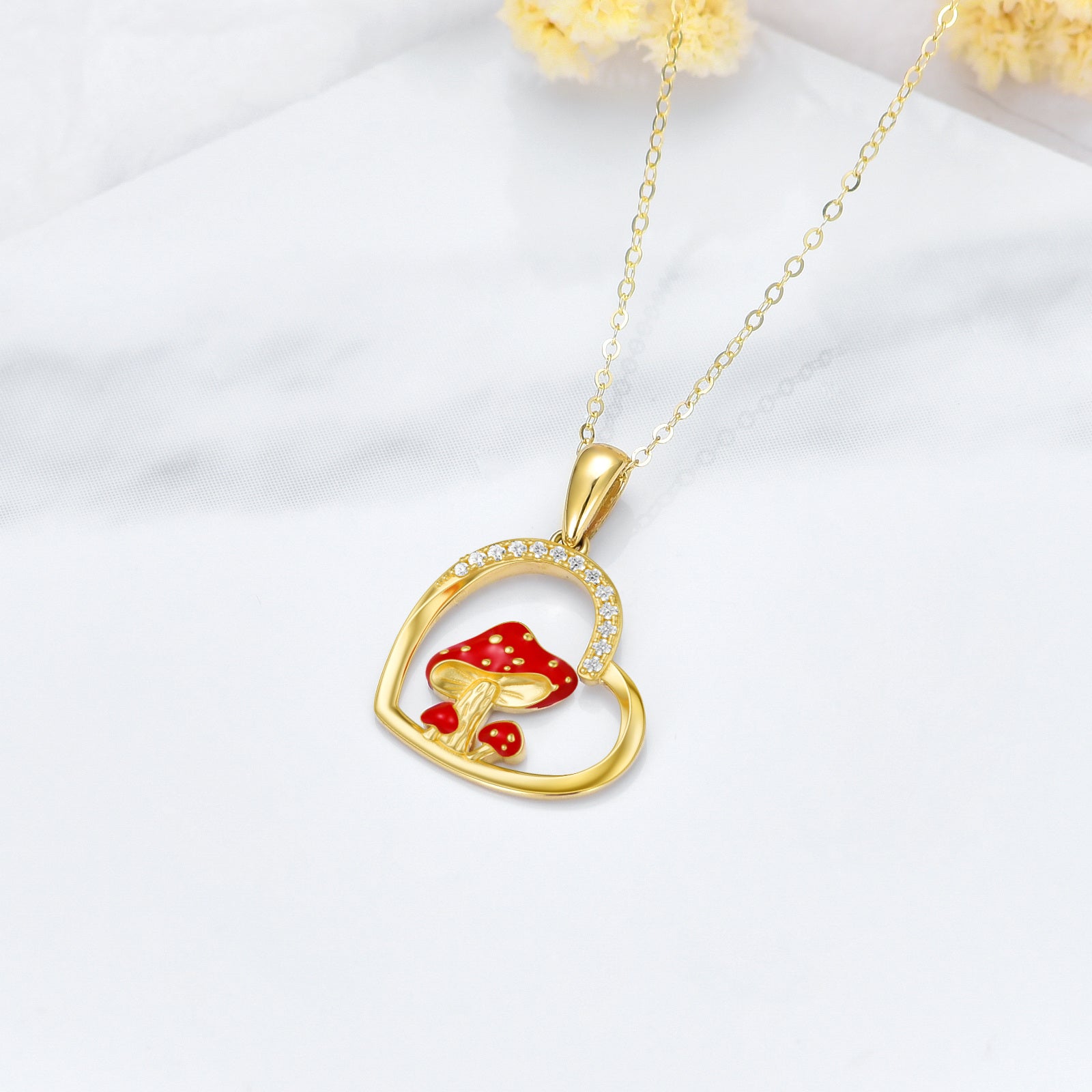 14K Gold Cubic Zirconia Mushroom & Heart Pendant Necklace
