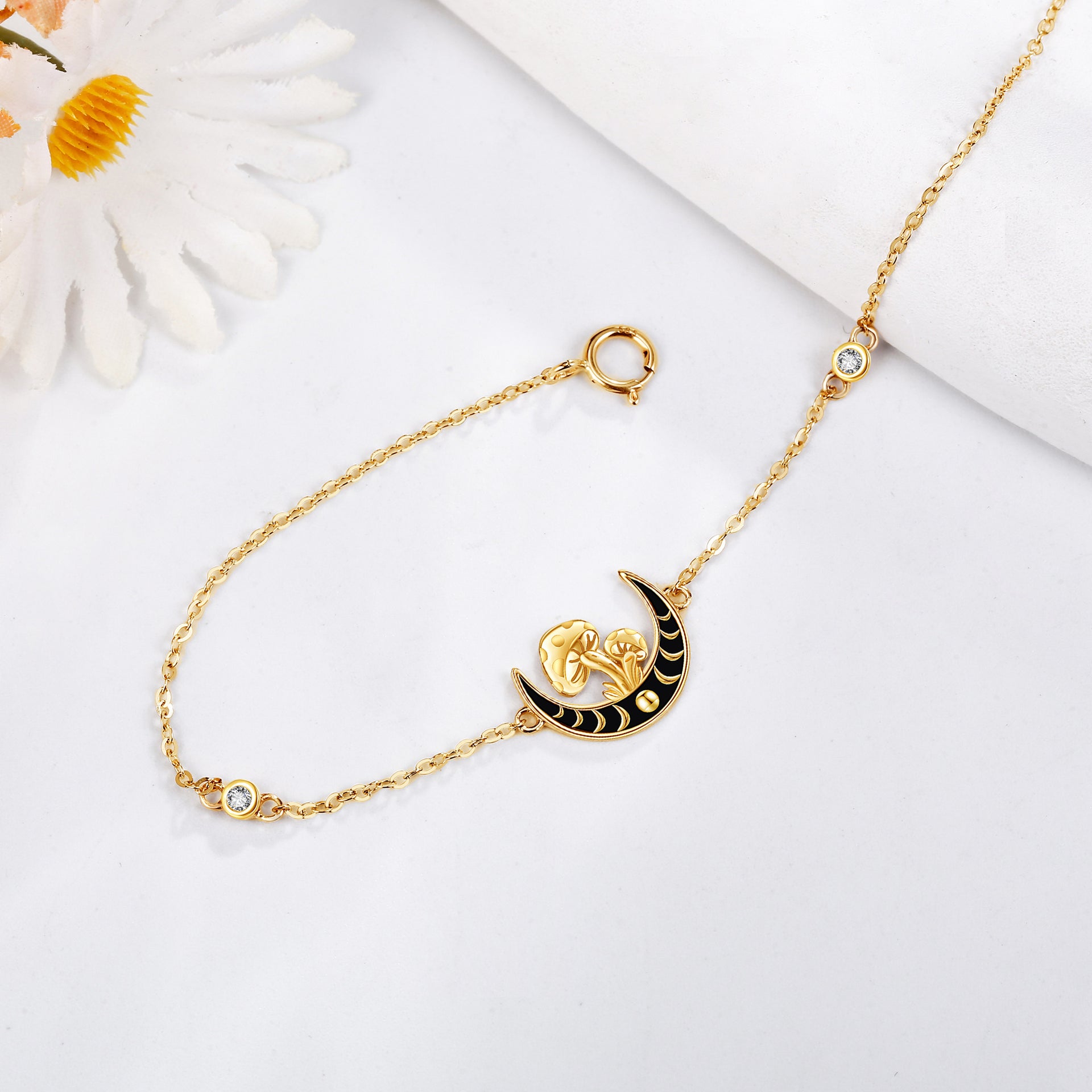 14K Gold Cubic Zirconia Mushroom & Moon Bracelet for Women