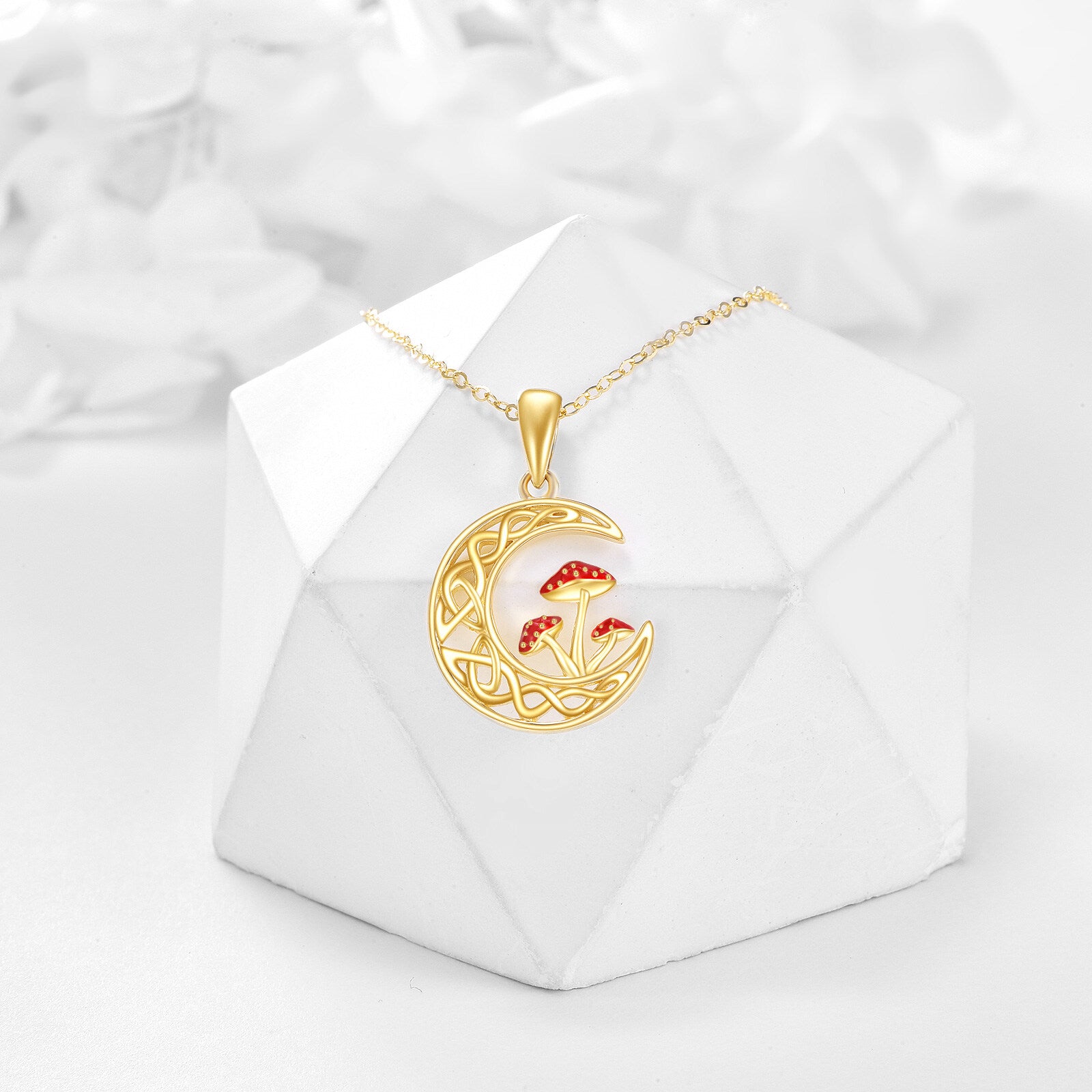 14K Gold Mushroom & Moon Pendant Necklace