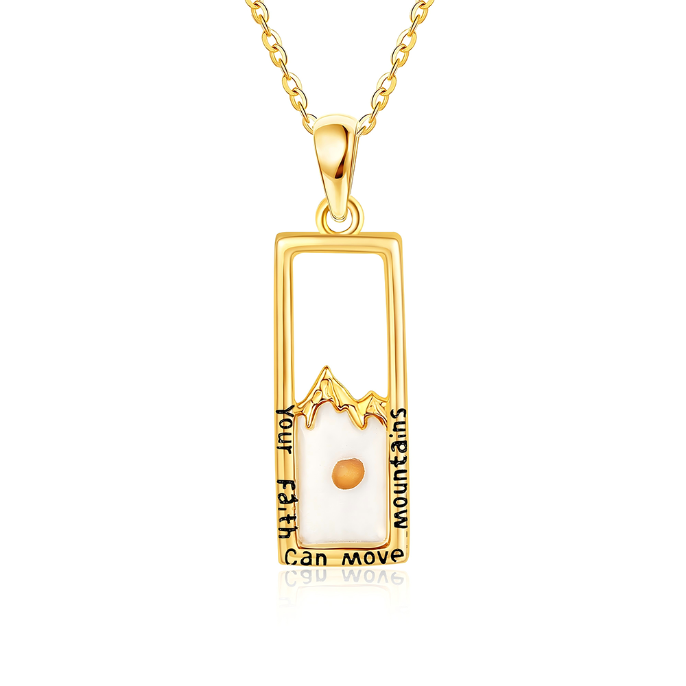 14K Gold Mustard Seeds Rectangle Pendant Necklace with Engraved Word