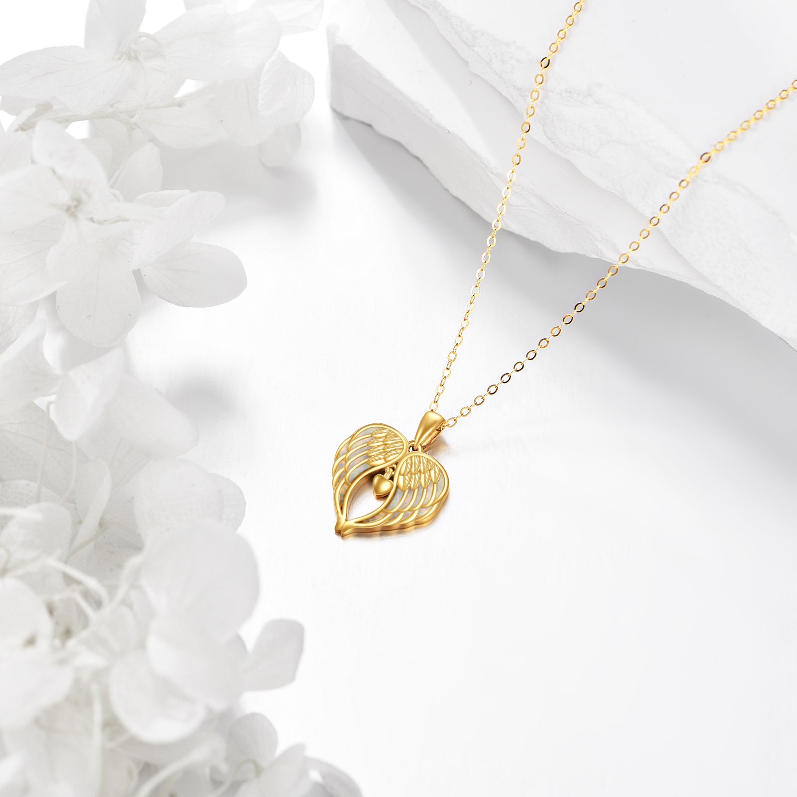 14K Gold Opal Angel Wing Pendant Necklace