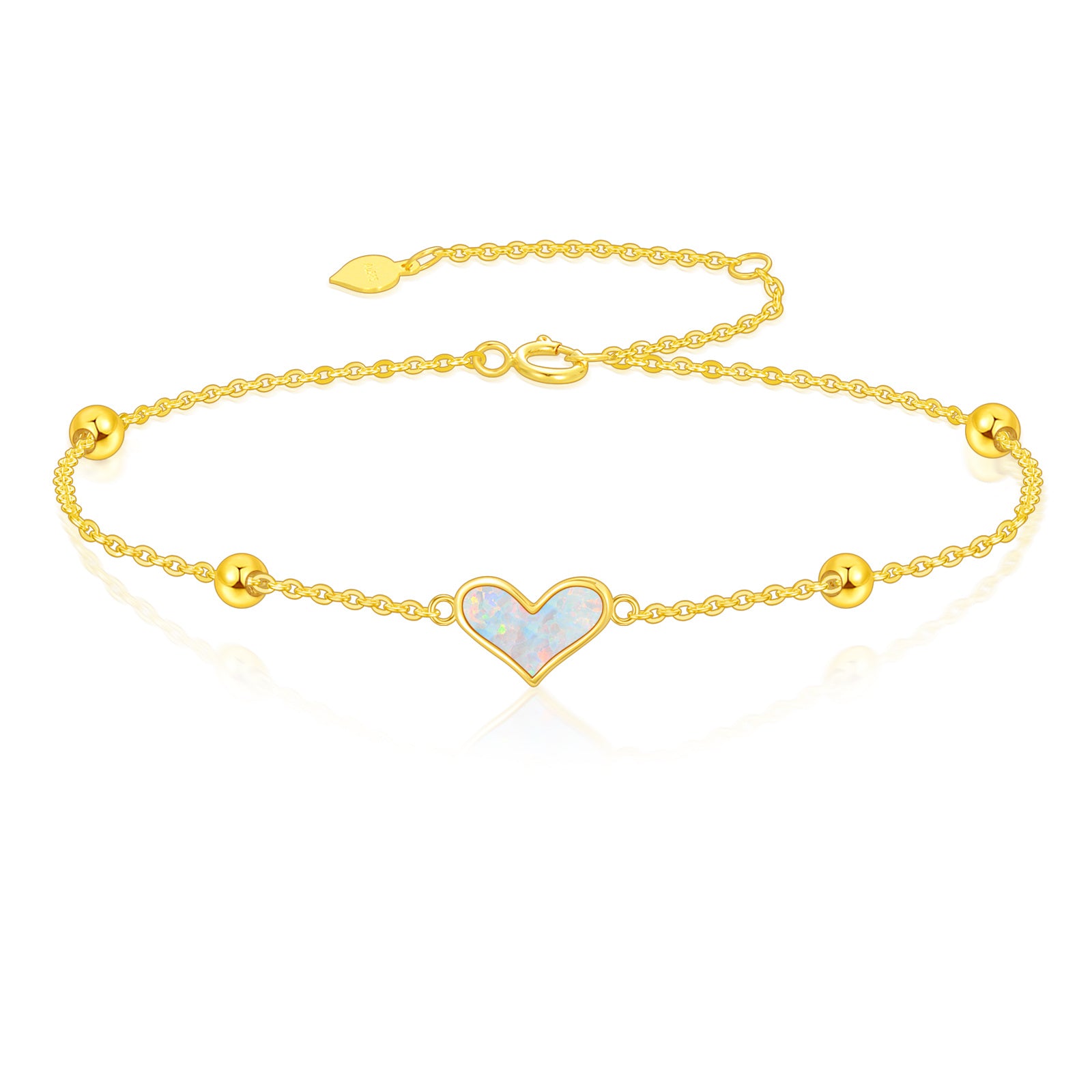 14K Gold Opal Bead & Heart Charm Bracelet