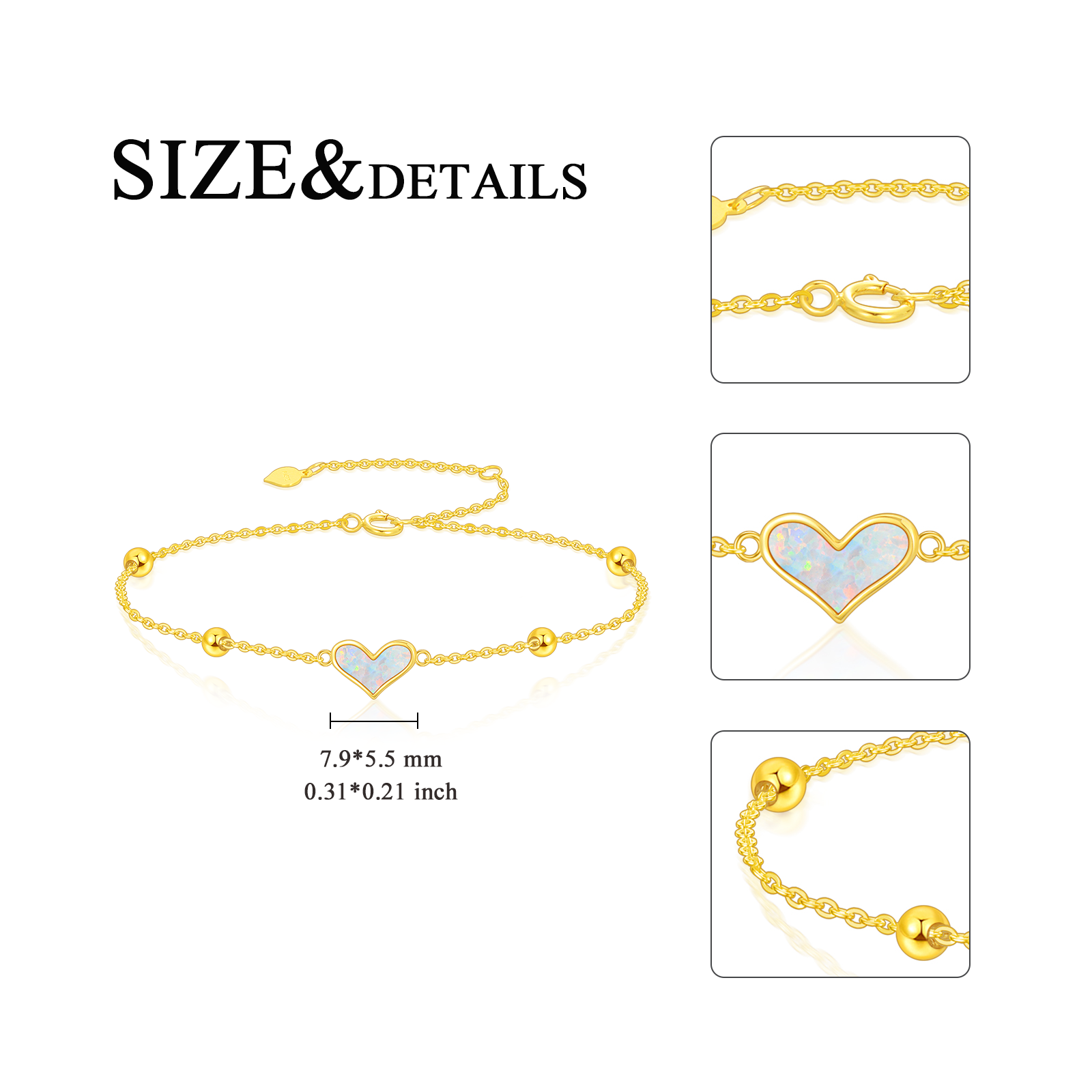 14K Gold Opal Bead & Heart Charm Bracelet