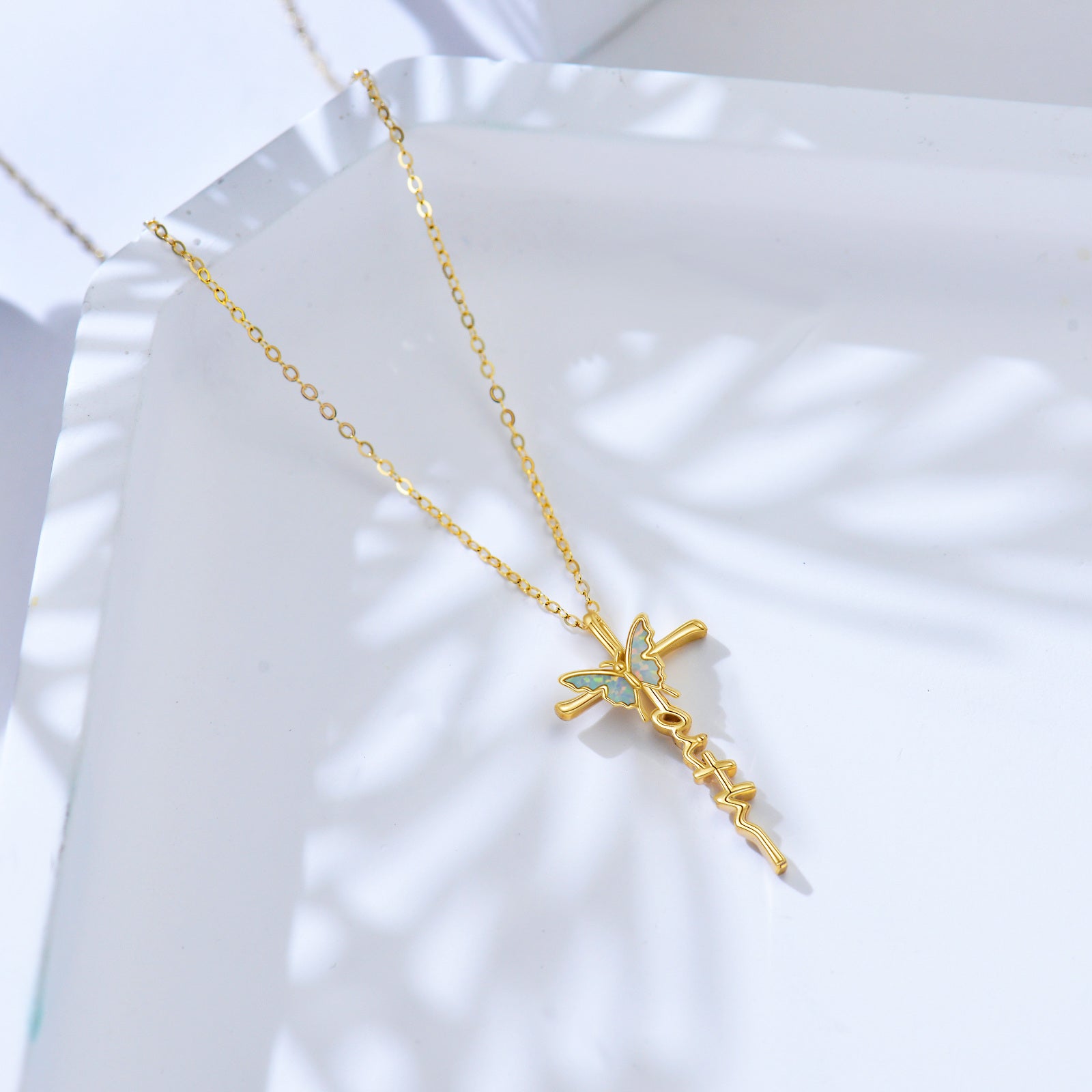 14K Gold Opal Butterfly & Cross Pendant Necklace