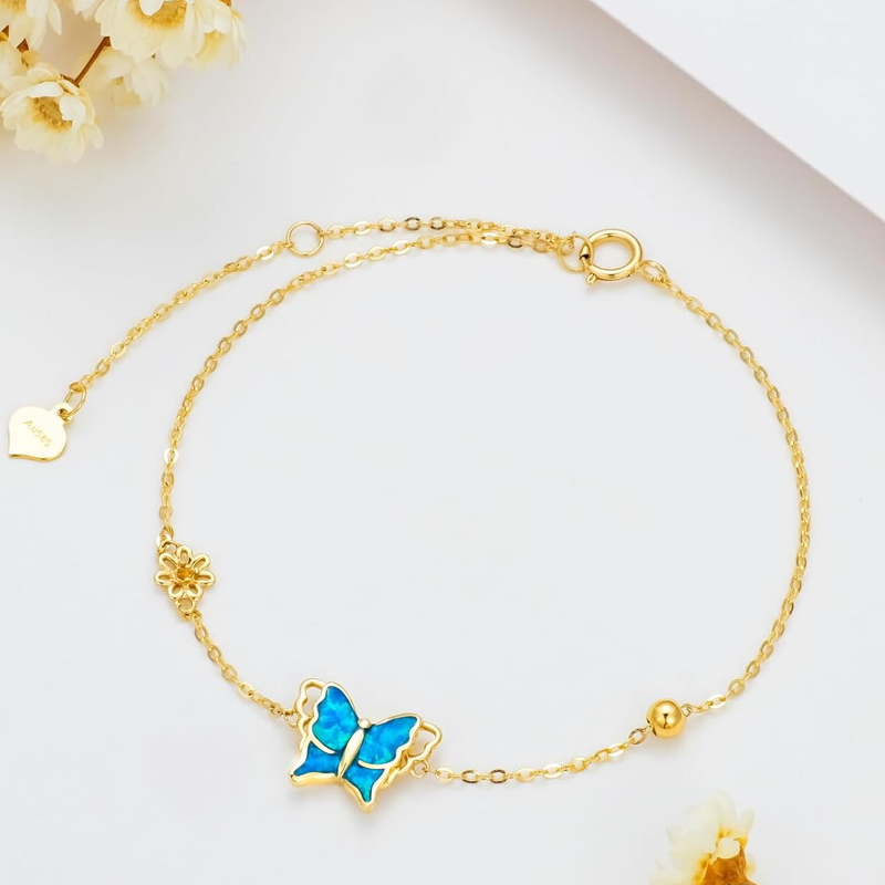 14K Gold Opal Butterfly Daisy Bead Charm Bracelet