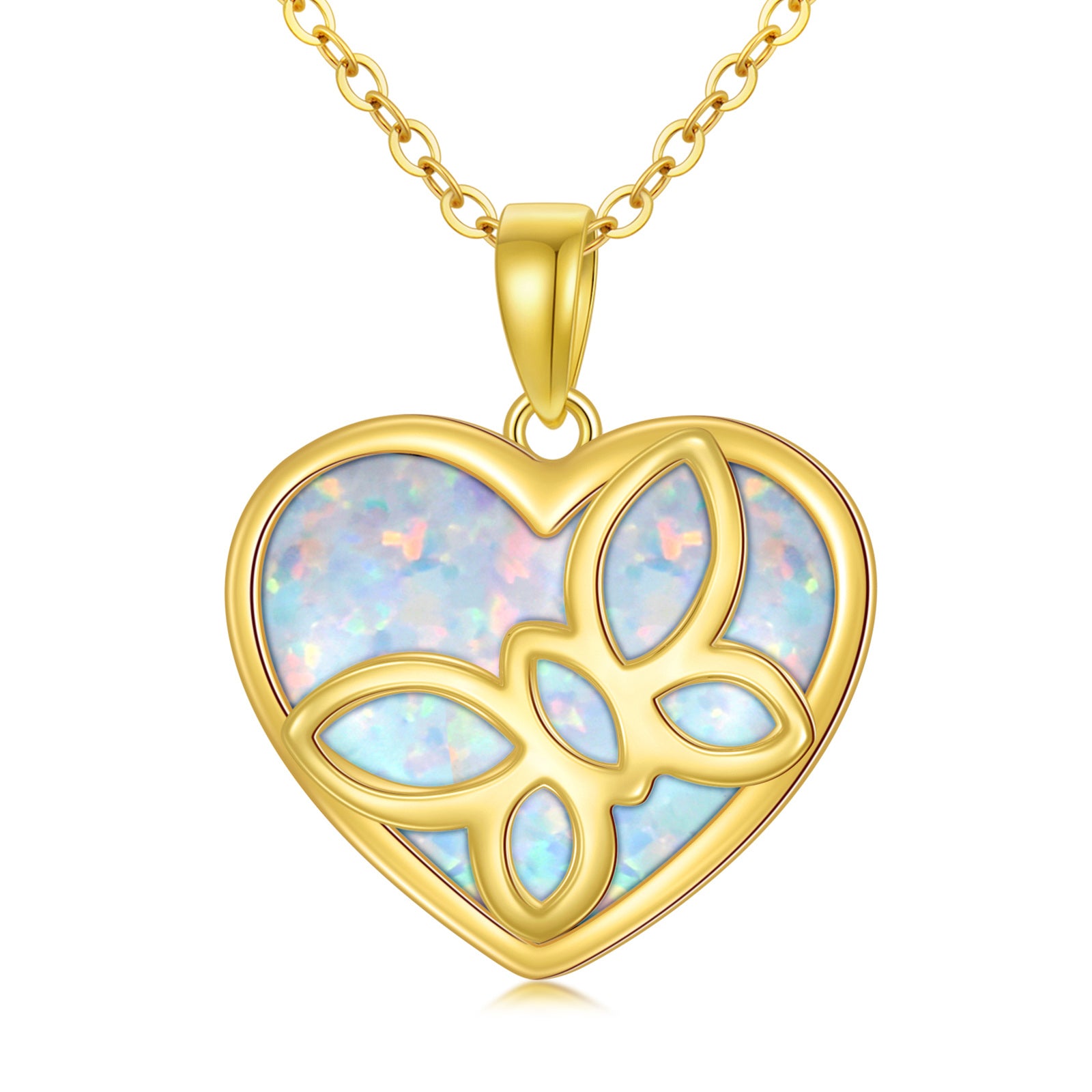 14K Gold Opal Butterfly & Heart Pendant Necklace