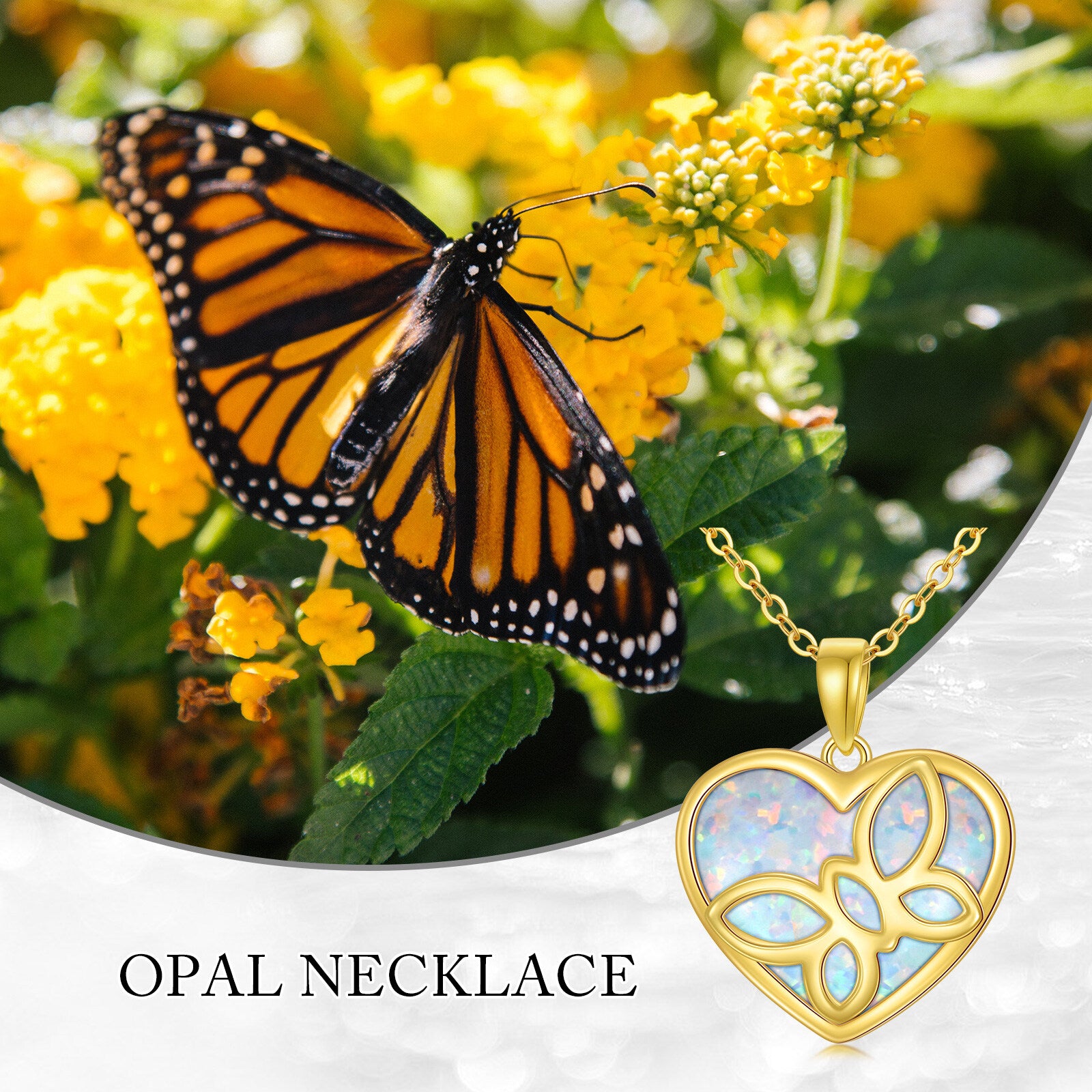 14K Gold Opal Butterfly & Heart Pendant Necklace