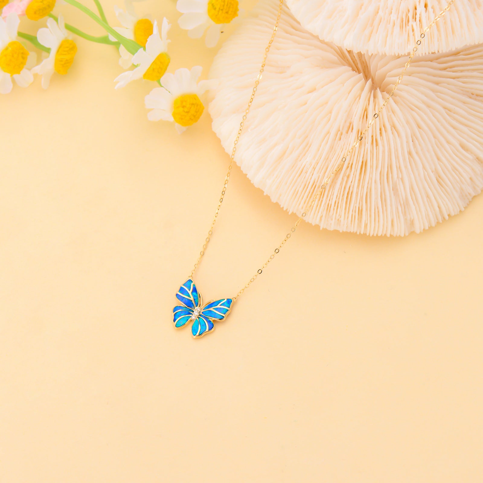 14K Gold Cubic Zirconia & Opal Butterfly Pendant Necklace