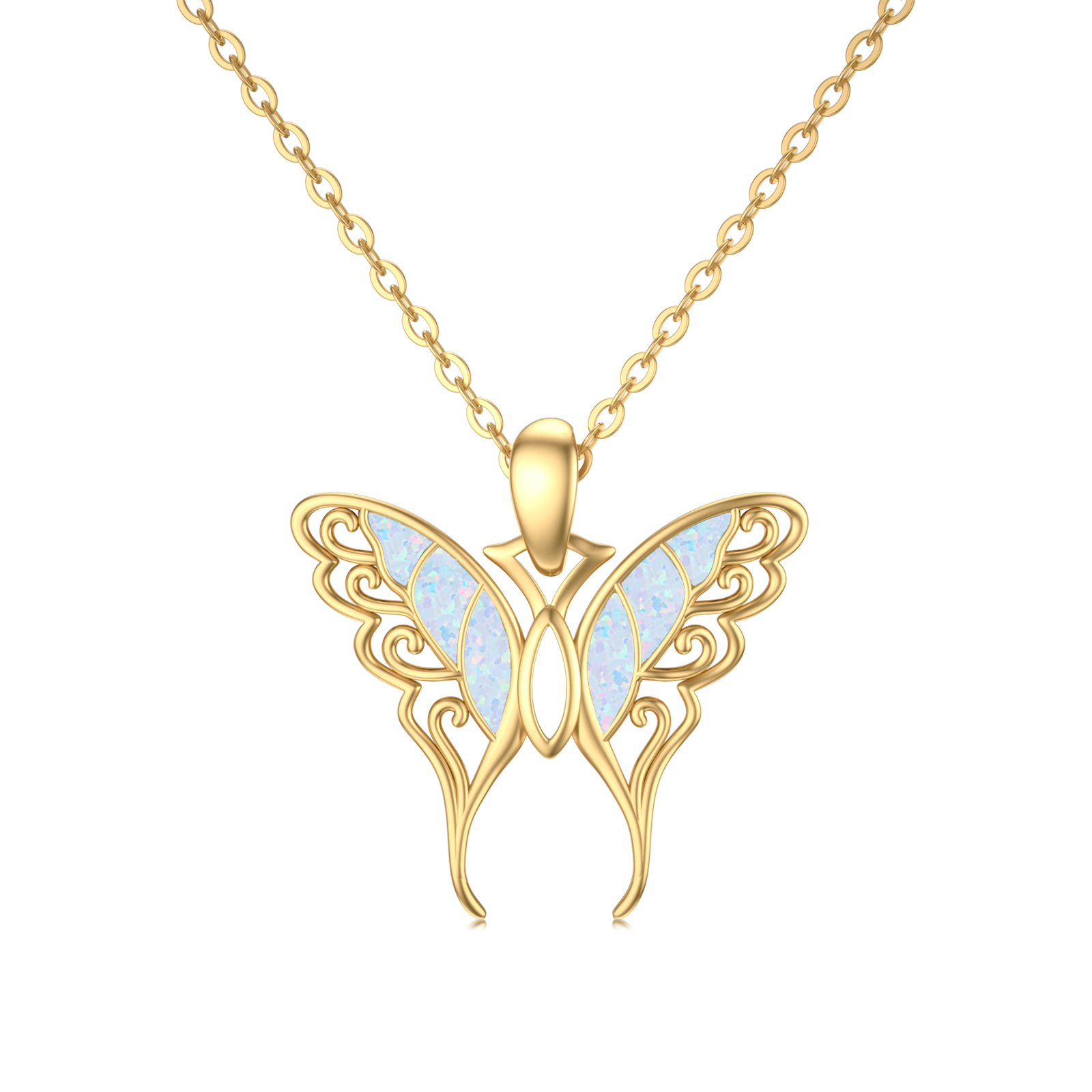 14K Gold Opal Butterfly Pendant Necklace