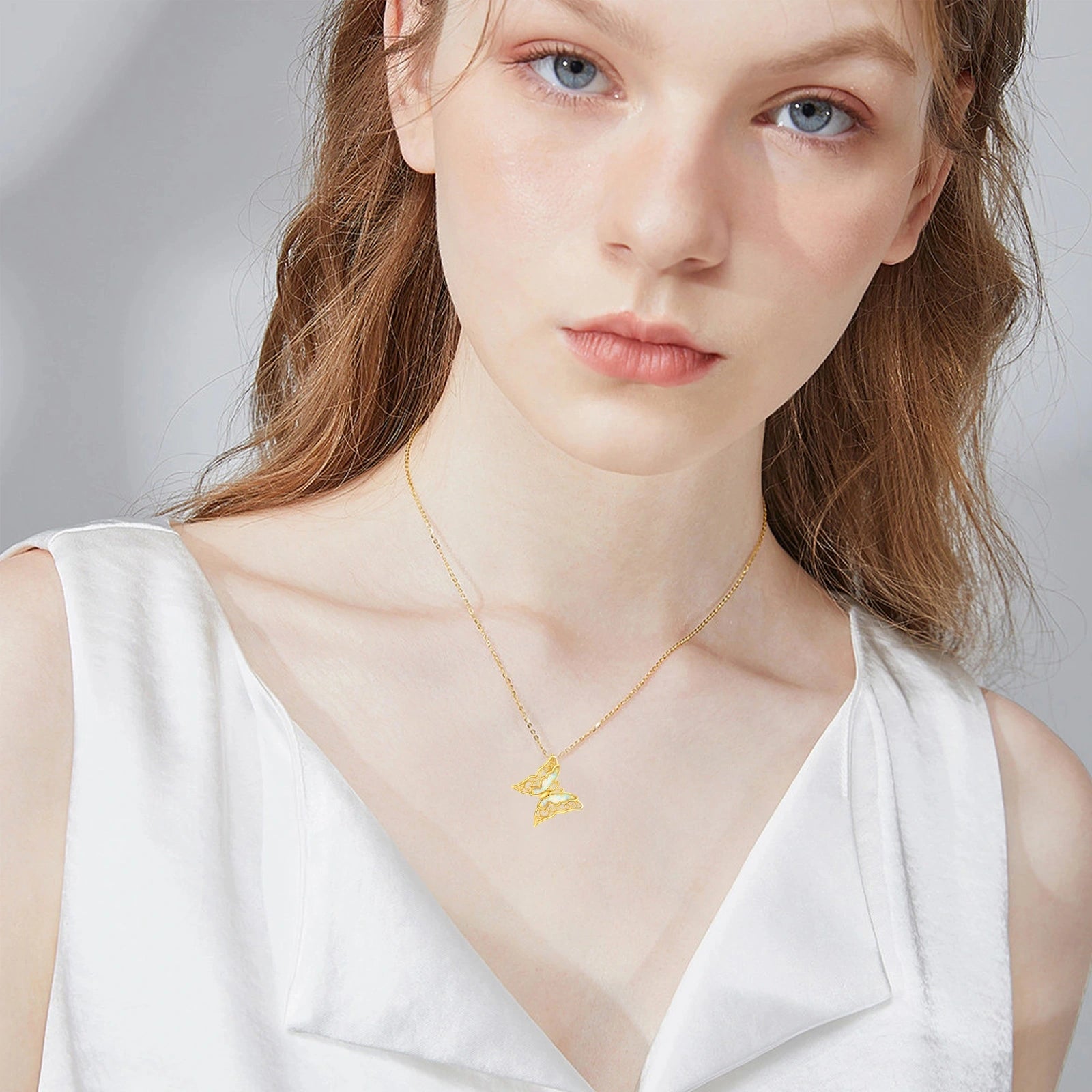 14K Gold Opal Butterfly Pendant Necklace