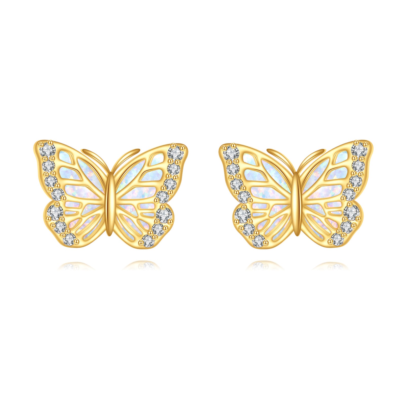 14K Gold Cubic Zirconia & Opal Butterfly Stud Earrings
